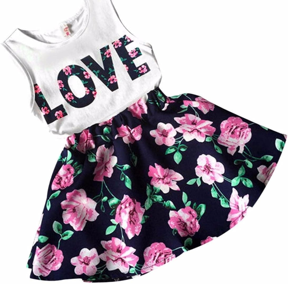 Mosunx(TM) Baby Girls Sleeveless Floral Princess Party Dress Vest+Skirt Set Clothes (Navy, 110)