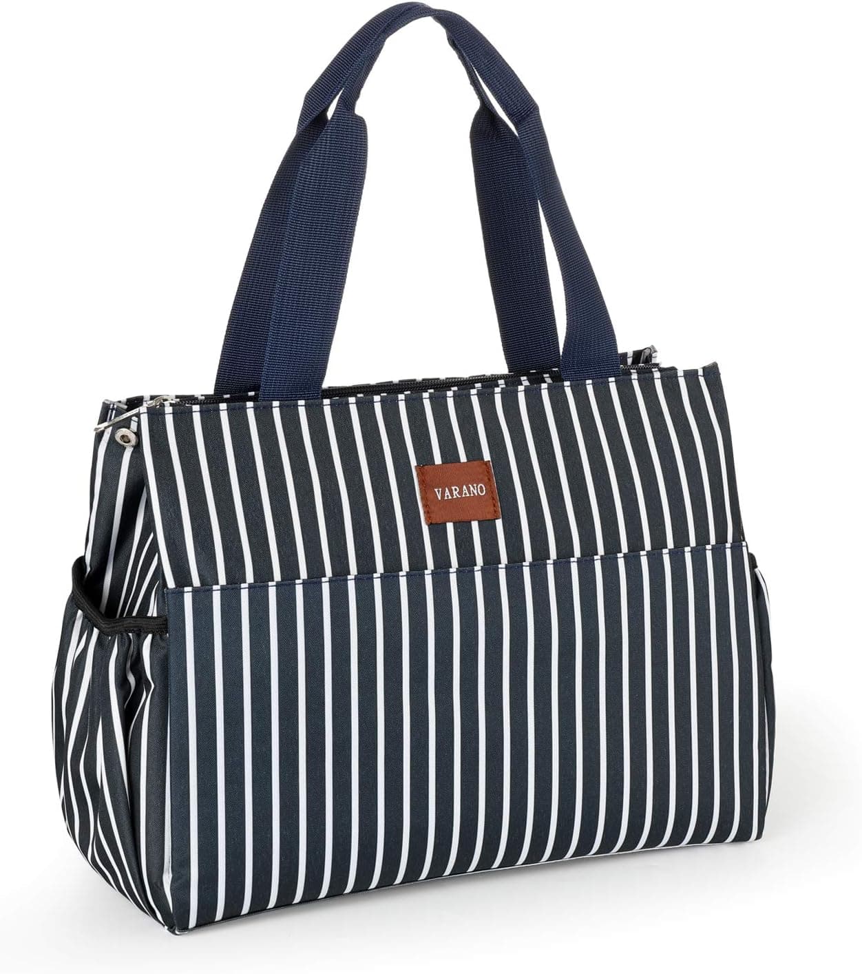 VARANO Lunch Bags for Women/Girls Insulated Lunch Box Lunch Tote Cooler Bag with Drink Holder Fashionable Insulated Lunchbox for Picnic School Work (Dark Blue & White Stripe)