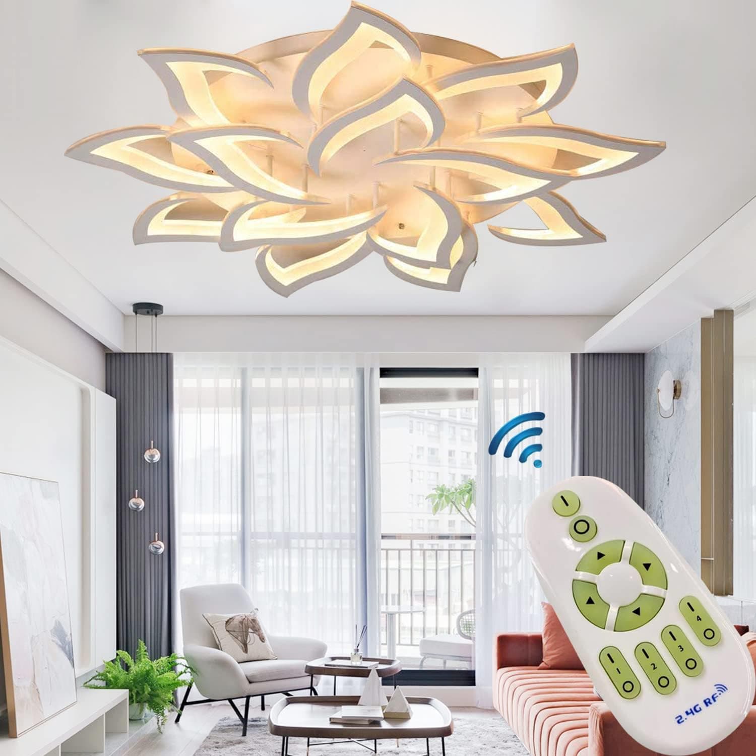 Phlilqe Dimmable LED Ceiling Light Modern Metal Acrylic with Remote Control Flush Mount Ceiling Lamp Living Room Chandelier Chic Kitchen Hanging Lamp Bedroom Painted Finish Pendant Lighting(39.3“)