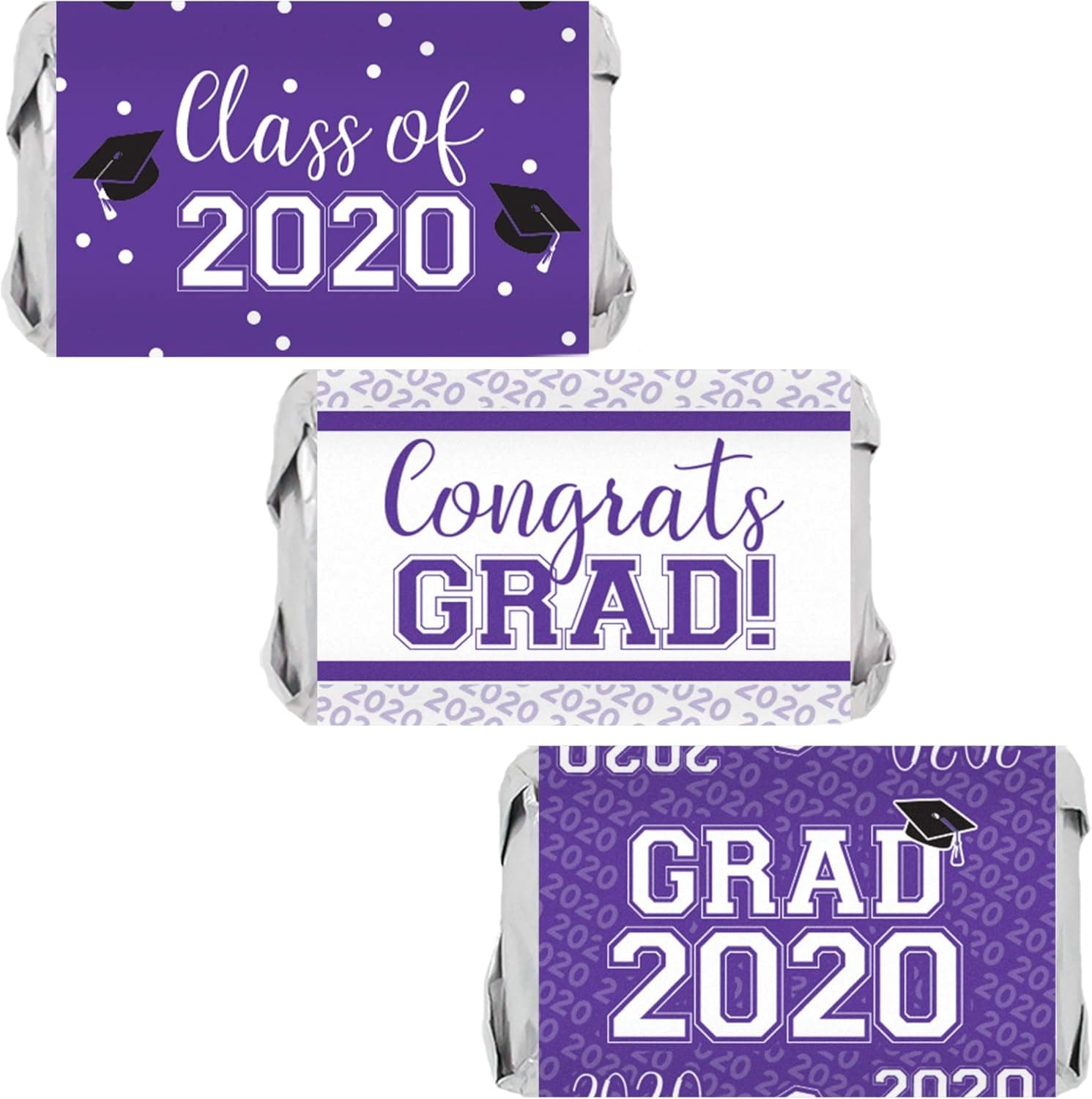 Class of 2020 Graduation Mini Candy Bar Wrappers - 45 Stickers (Purple)