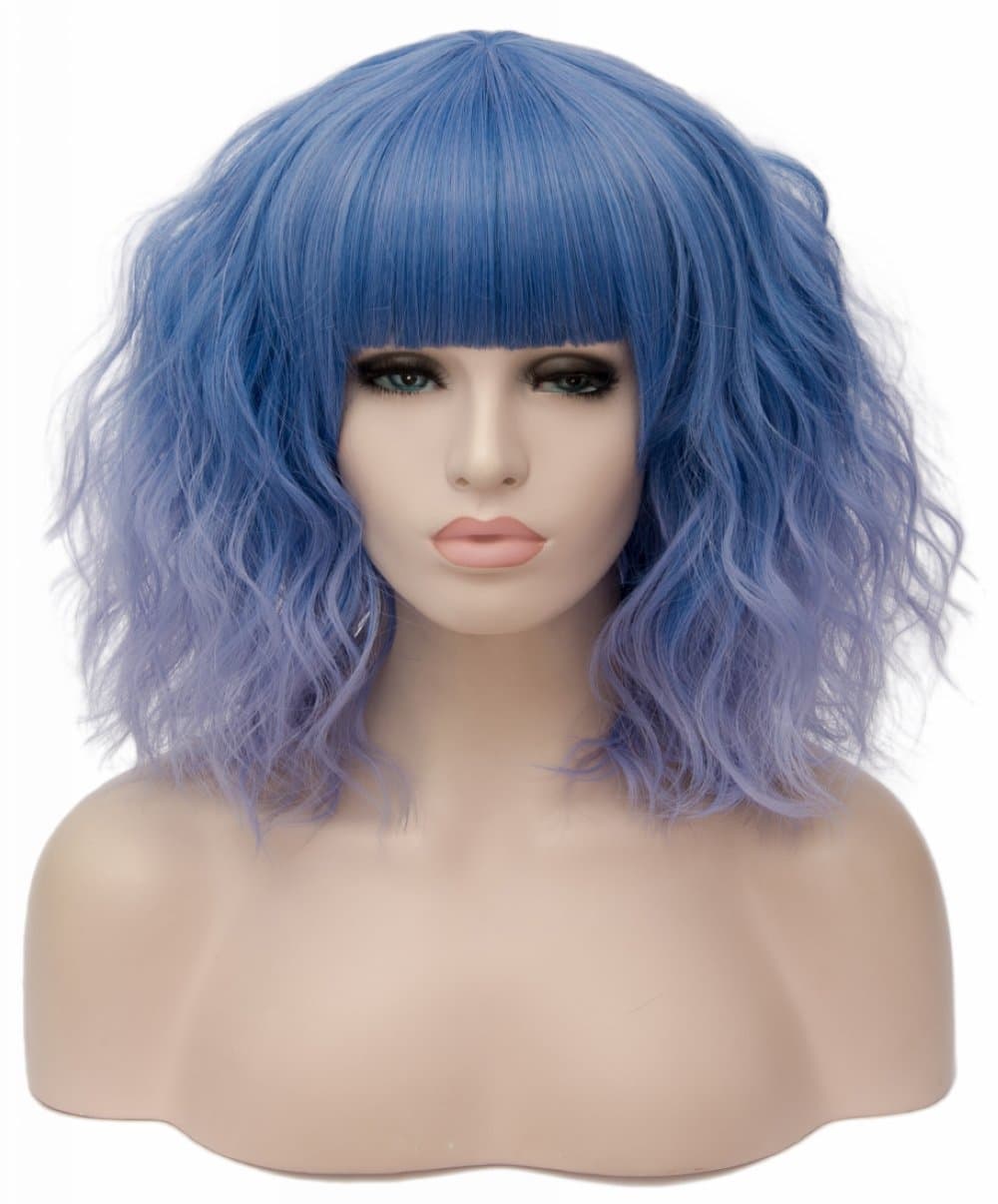 TopWigy Women Blue Wig with Bangs Synthetic Heat Resistant Hair Mid Length Curly Wavy Bob Wig Colored Wigs Cosplay Party Fun Wigs