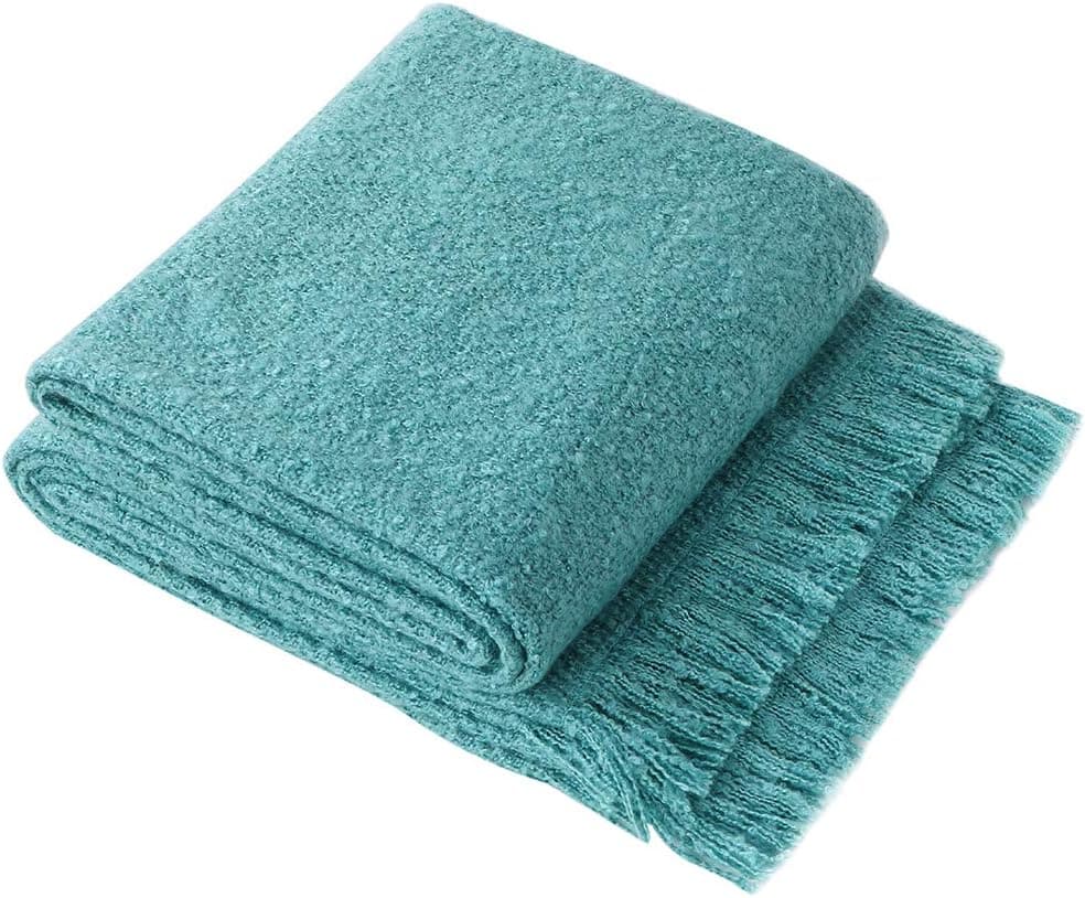 Woven Throw Blanket with Fringe, Lightweight Cozy Covers Home Décor for Bed Couch 50 x 60 inches (Lake Blue)