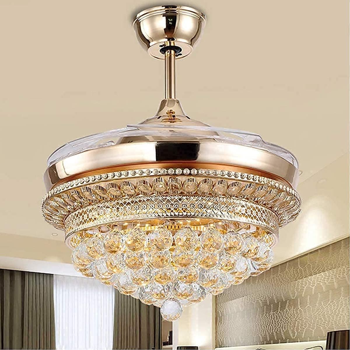 42" Crystal Fandelier Retractable Ceiling Fan, Luxury Crystal Ceiling Fan with Light and Remote, 3 Light and Speed Settings, Invisible Chandelier Fan for Living Dining Room Bedroom