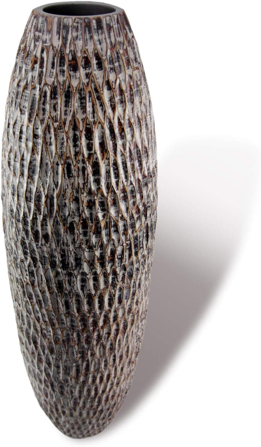 roro Tall Handcarved Wood Floor and Corner Vase in Rich Graywash, 29 Inch