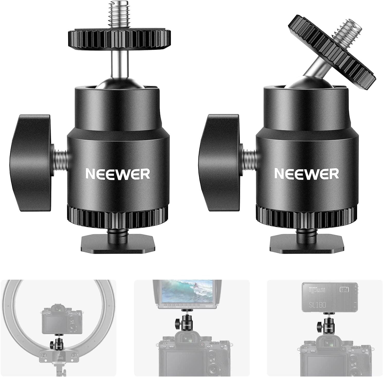 Neewer 1/4” Camera Hot Shoe Mount with Additional 1/4” Screw 2-Pack, Mini Ball Head Hot Shoe Mount Adapter for Cameras, Camcorders, Smart Phone, Video Light, Microphone, Ring Light - ST17