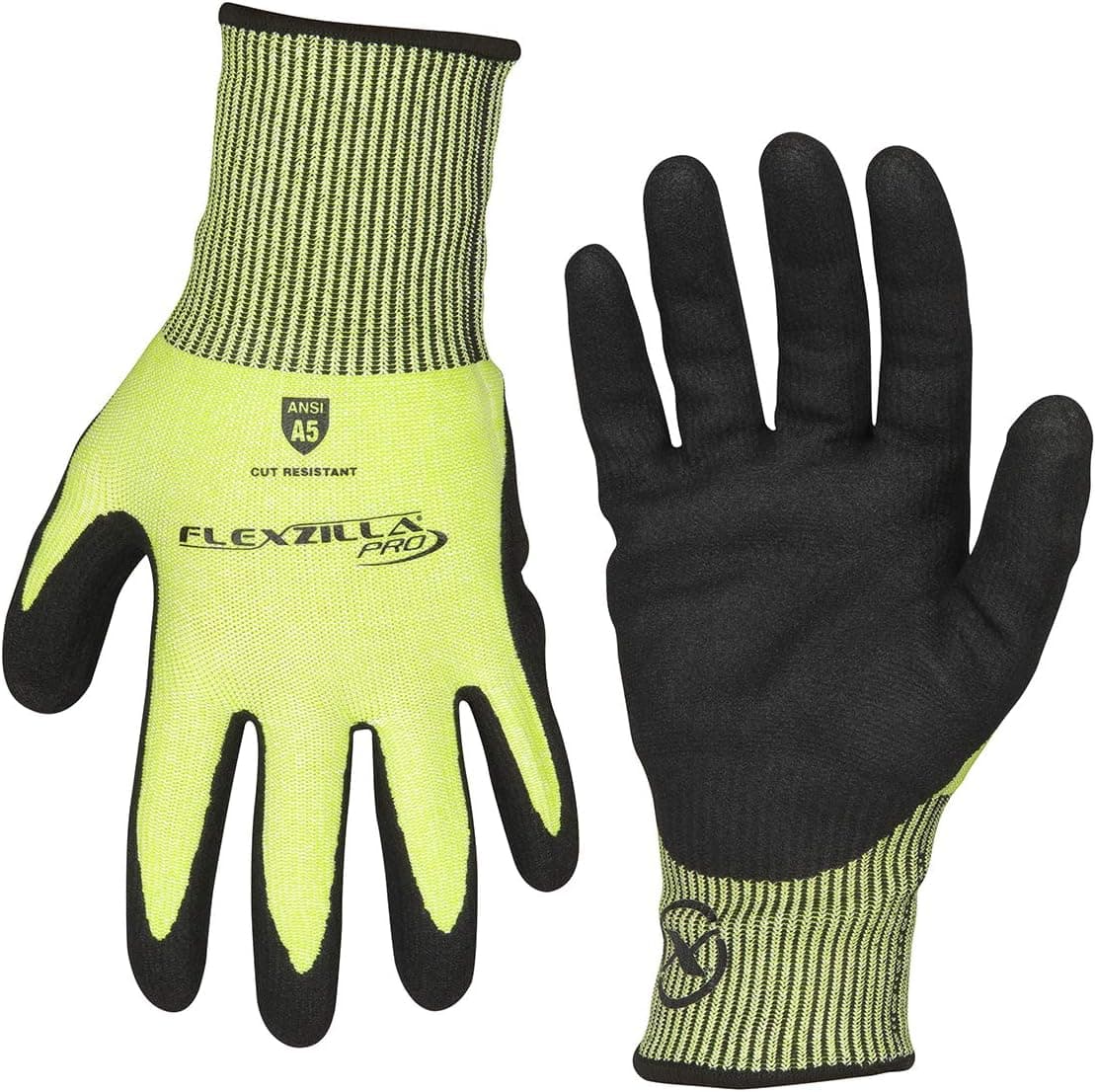 Flexzilla Pro GC160PL Cut Resistant Sandy Nitrile Dip Gloves, ANSI Level 5, Black/ZillaGreen, L