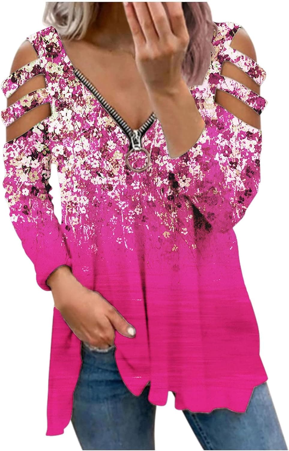 Hisoul Womens Shirts V-Neck Zipper Cold Shoulder Tops Bright Color Long Sleeve Fold Casual Womens Shirts Blouse