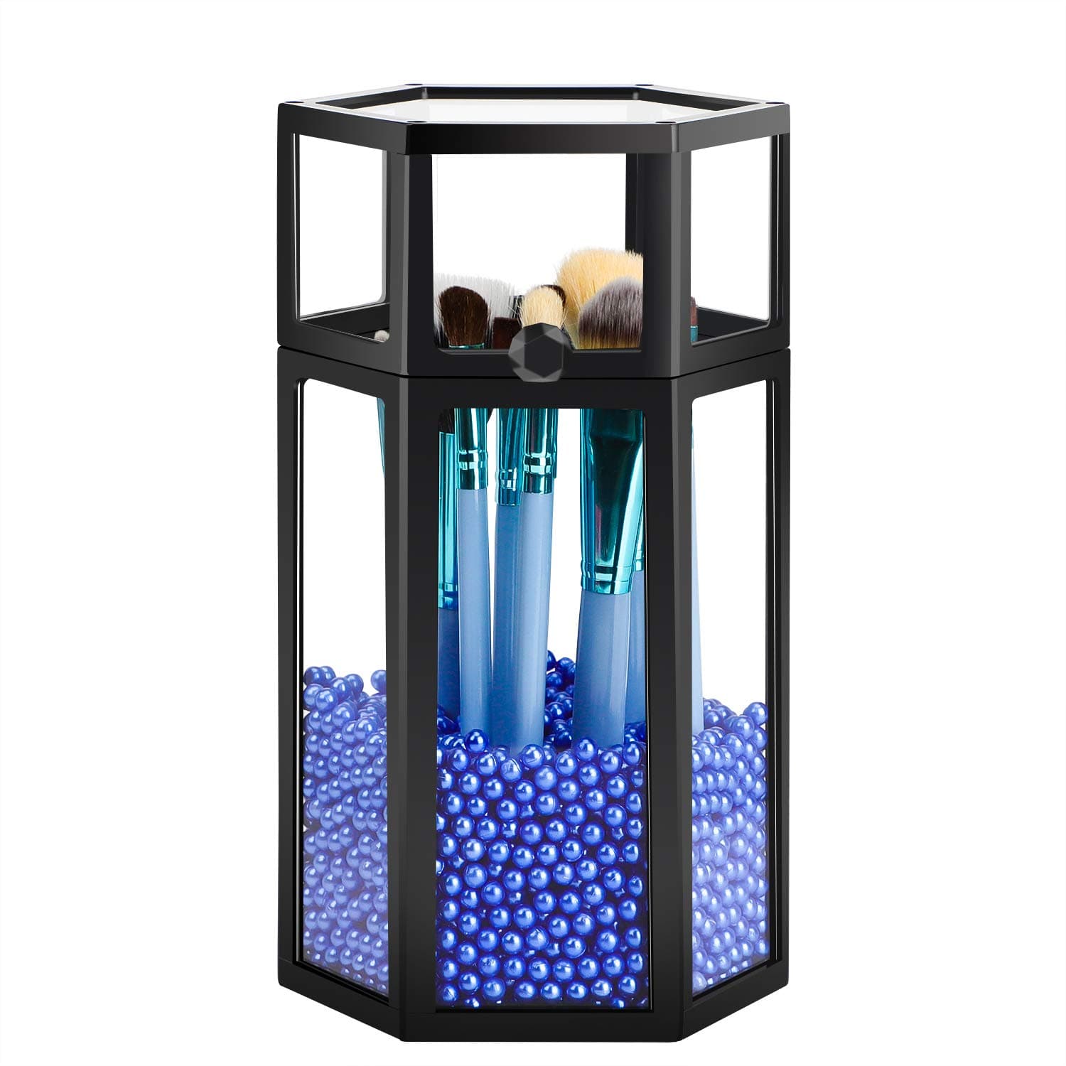 SUREAM Glass Makeup Brush Holder for Vanity, 8.46” Black Hexagon Transparent Beauty Holder with Lid, Eyeliner Display Storage with Blue Pearls for Desktop, Dresser and Bedroom Countertop Decoration