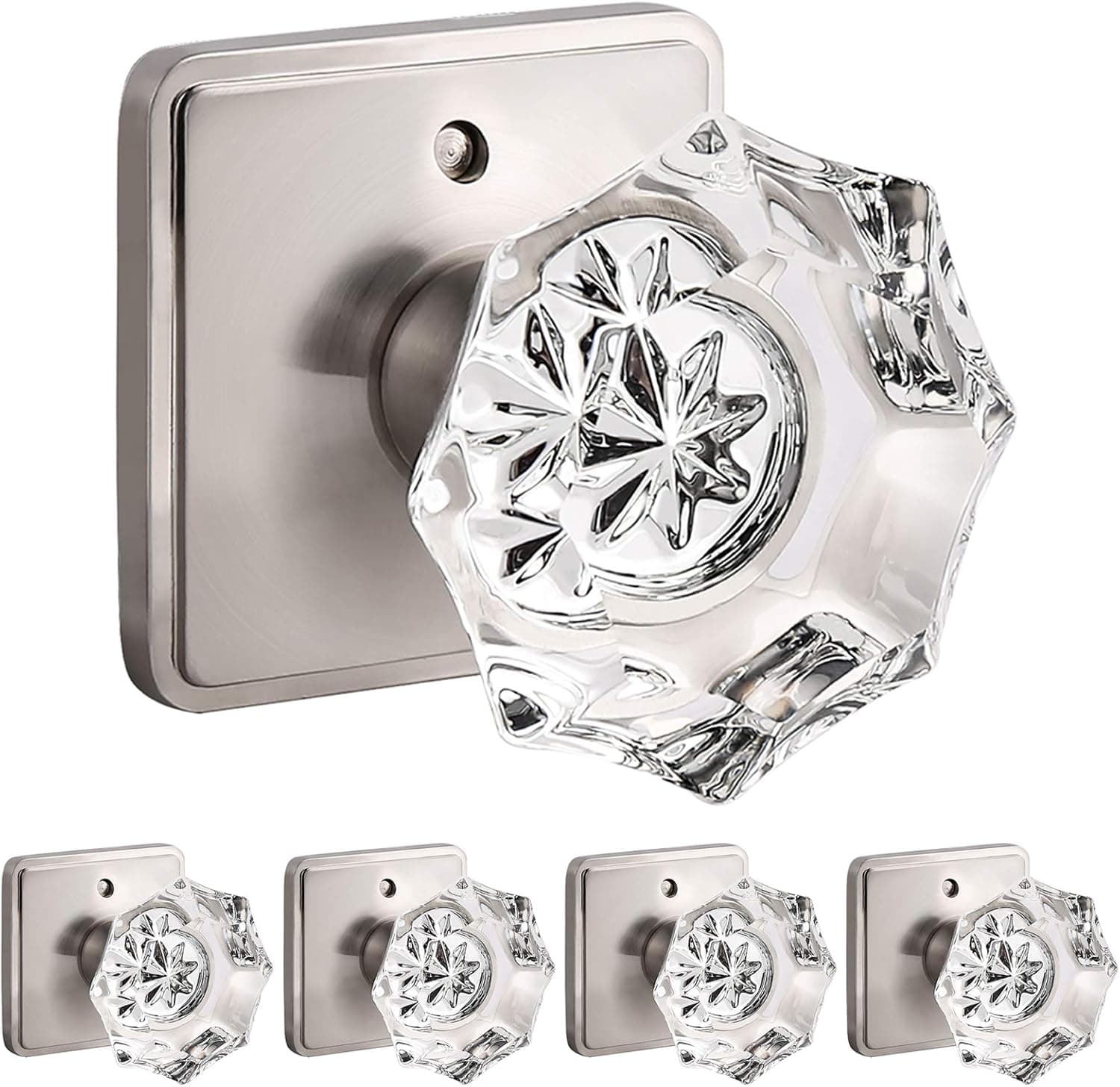 Knobonly 5 Pack Privacy Interior Glass Door Knobs, Octagon Diamond Crystal Door Knobs, Clear Glass Bedroom Bathroom Door Knob, Alexandria Keyless Satin Nickel Door Knob with Square Rosette