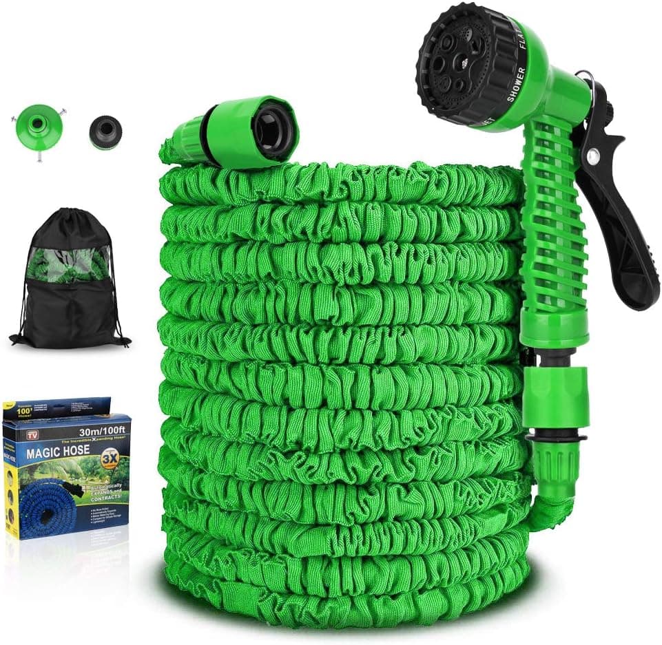 FKMHPE Garden Hose, Expandable Water Hoses Lightweight Flexible Collapsible Hose Nozzle Extra Strength Fabric Water Pipe for Patio Lawn Outdoor Car Pet Washing (100FT, Green)