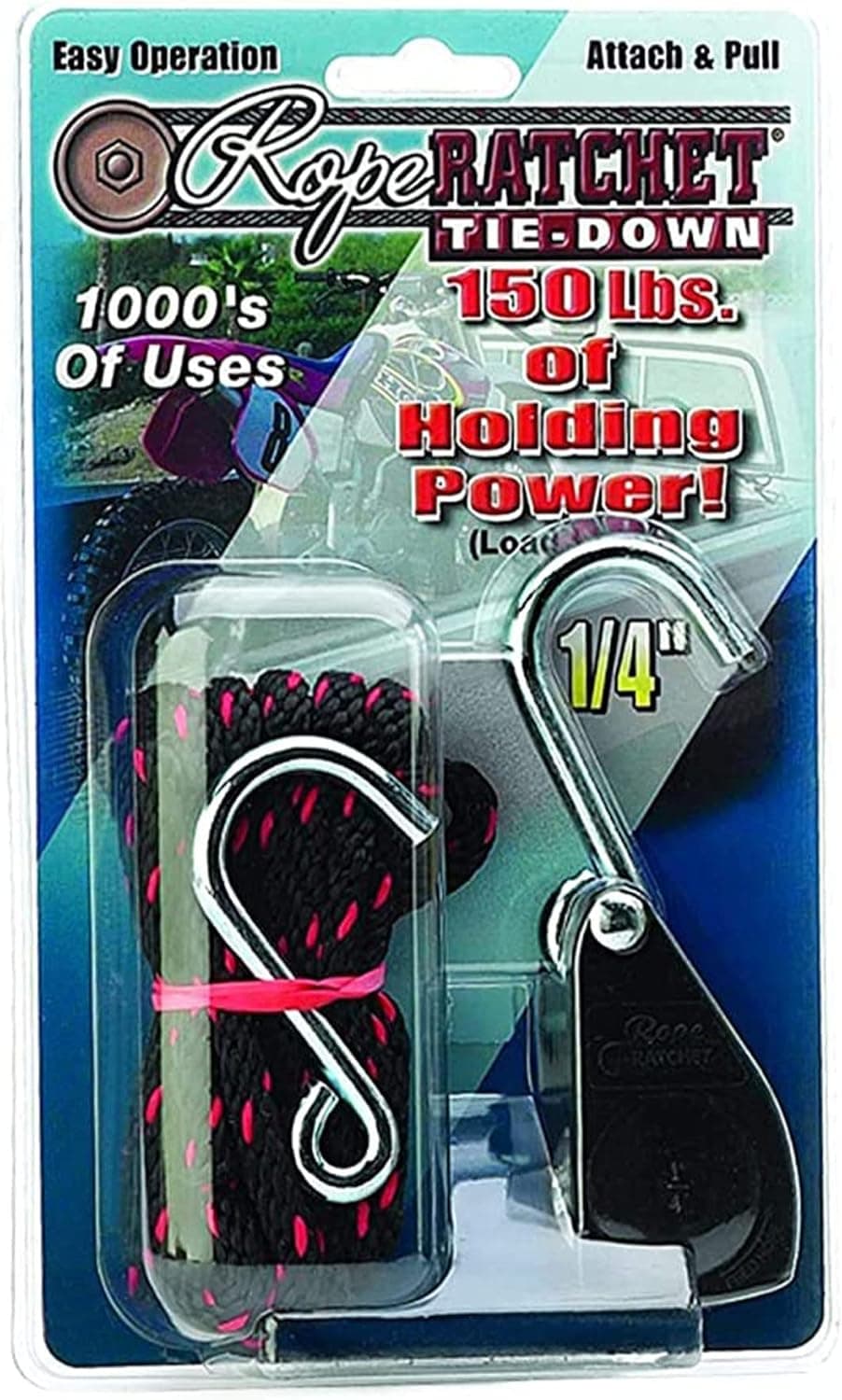 Rope Ratchet 10010 1/4 Inch 8 Feet Long Super Duty Adjustable Rope Clip Tie Down 150-lb Capacity
