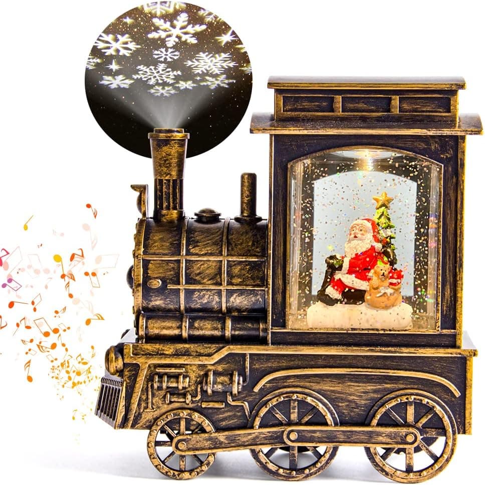 Christmas Snow Globes Musical, Hueliv Snow Globes Christmas Train Lantern with Music, Light, Santa, Snowman Projector, Swirling Glitter, Battery Operated&USB Powered, Xmas Decoration Gift for Kids