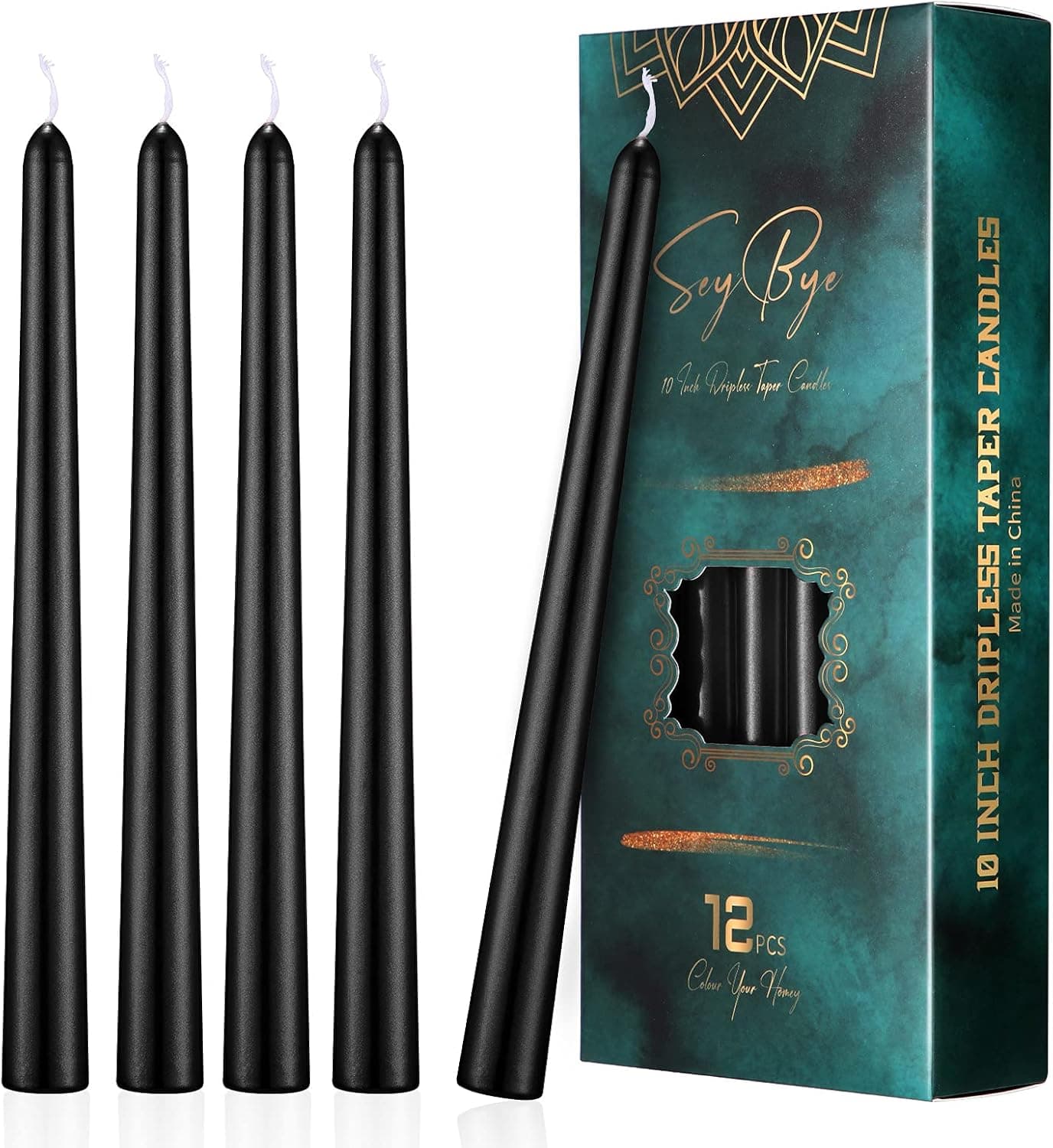 10 Inch Taper Candles, 12 Pack Tall Unscented Dripless Candles with Cotton Wicks Perfect for Dinner, Party, Wedding or Farmhouse Decor, 7-9 Hour Burn Time- 7/8" Base (10 inch/Glossy, Black)
