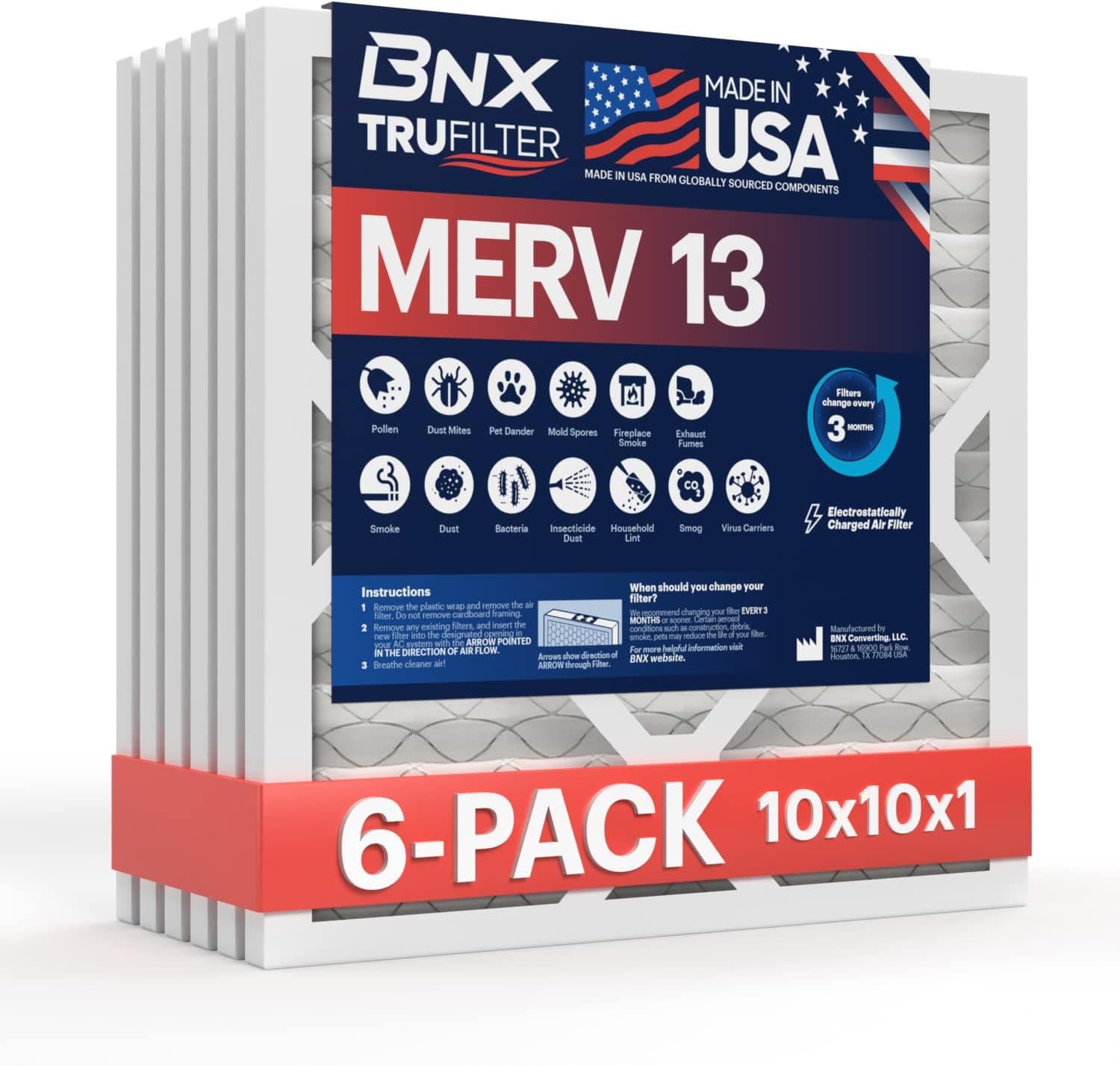 BNX TruFilter 10x10x1 MERV 13 (6-Pack) AC Furnace Air Filter - MADE IN USA - Electrostatic Pleated Air Conditioner HVAC AC Furnace Filters - Removes Pollen, Mold, Bacteria, Smoke (Actual Size: 9 3/4’’ x 9 3/4’’ x 3/4‘’)