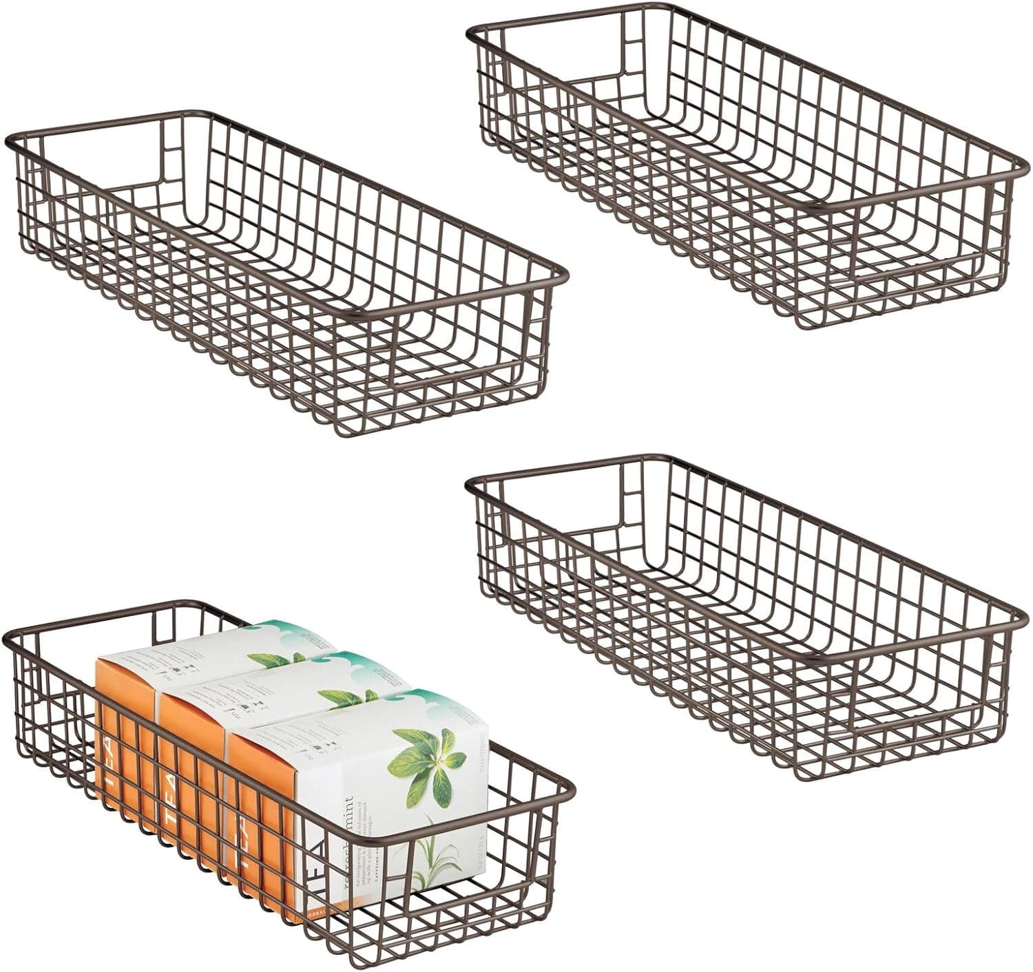 mDesign Shallow Metal Wire Basket for Storage Pantry - Kitchen Organization Basket with Handles - Bin Basket for Organizing Cabinets or Countertop - Concerto Collection - 4 Pack - Bronze