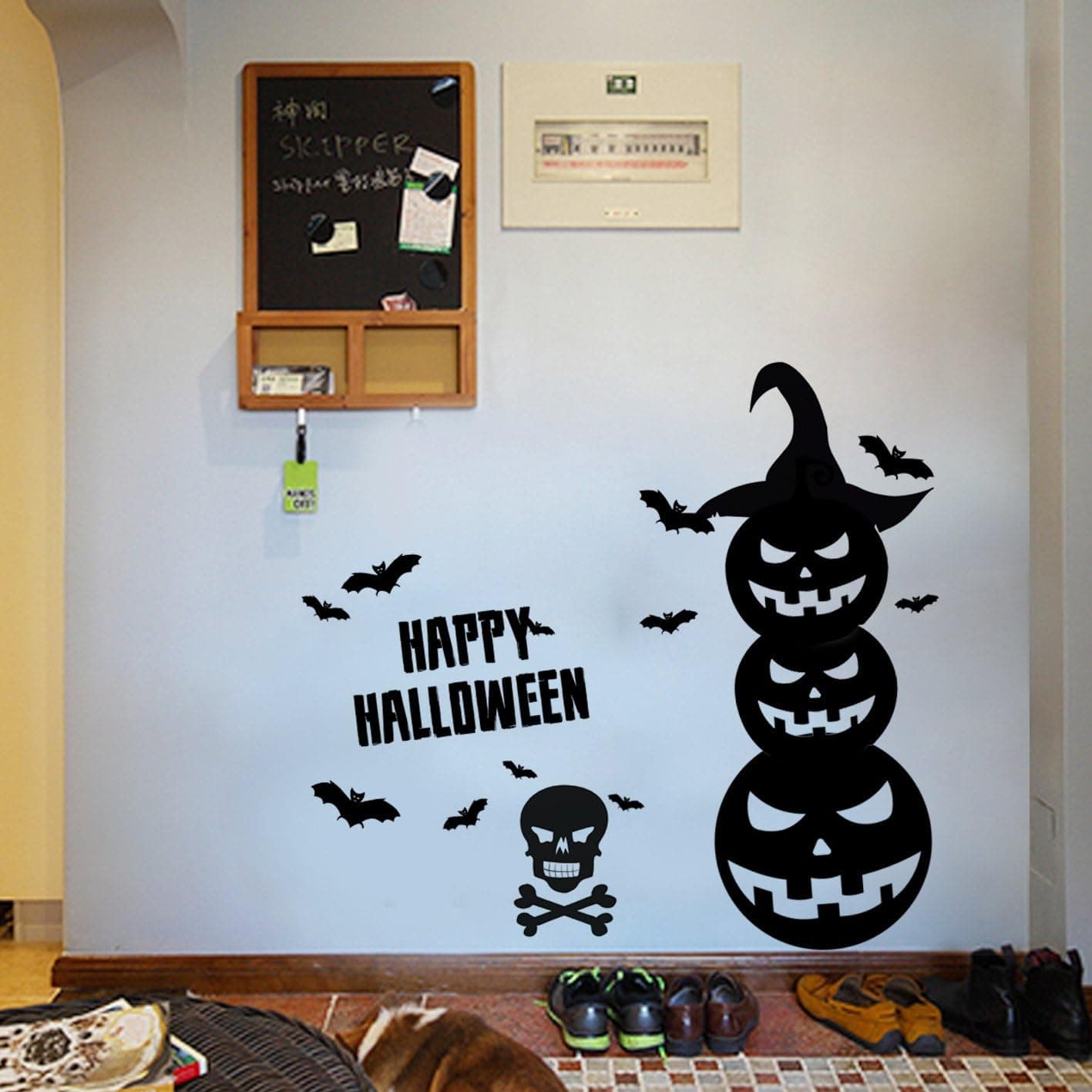 Halloween Window Cling Wall Sticker Pumpkin Removable Wall Decals Pumpkin Bat Wall Art Mural for Halloween Festival Decoration 22.4 x 13.4 Inch