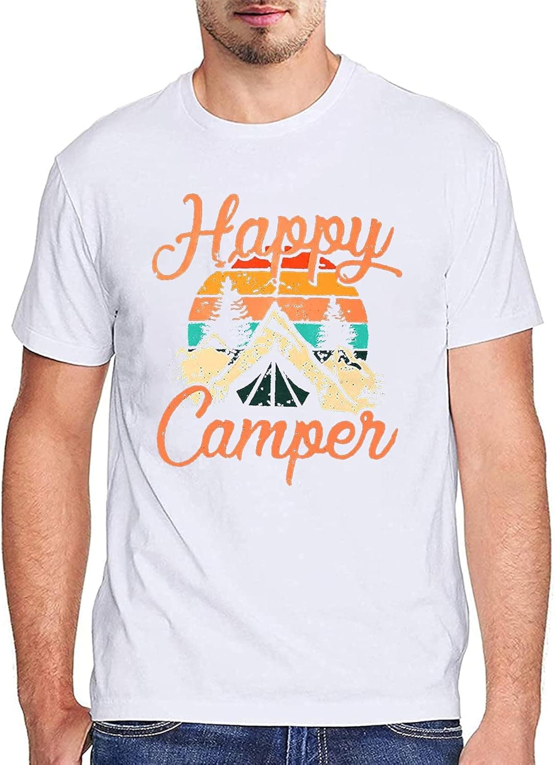 Happy Camper Shirt Men Funny Camping Cool Hiking Graphic Tee Casual Short Sleeve Tops