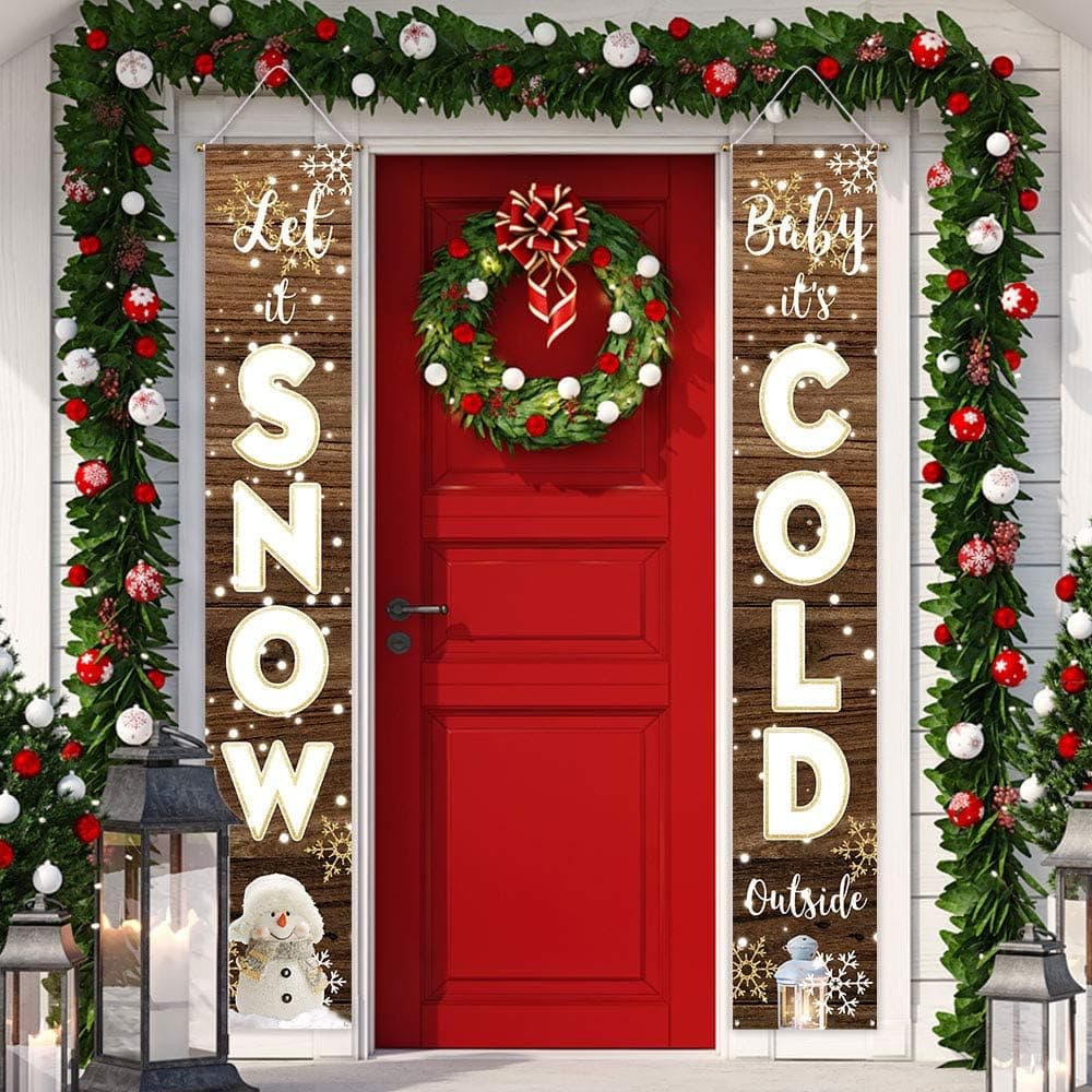 Funnytree Winter Let It Snow Themed Porch Sign Christmas Baby It's Cold Outside Yard Banner Polyester Home House Garden Door Wall Hanging Decorations Windproof Backdrop Shower Party Supplies 2pcs