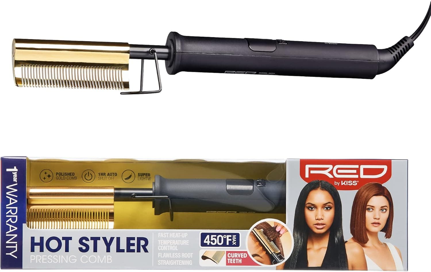 Red by Kiss Hot Comb Hair Straightener 450 Degrees, Curved Electric Heating Comb, Pressing Comb Brush for Straightening Hair and Beard, Curling Iron for Natural Black Hair