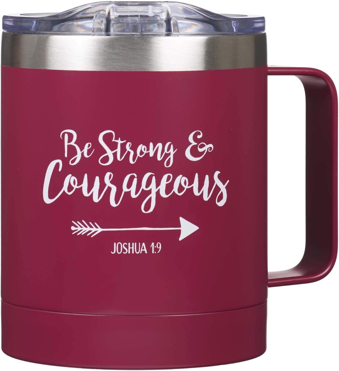 Christian Art Gifts Be Strong & Courageous Stainless Steel Magenta Mug w/Joshua 1:9 - Camp Style Travel Mug for Women and Men (11oz Double Wall Vacuum Insulated Coffee Mug with Lid and Handle)