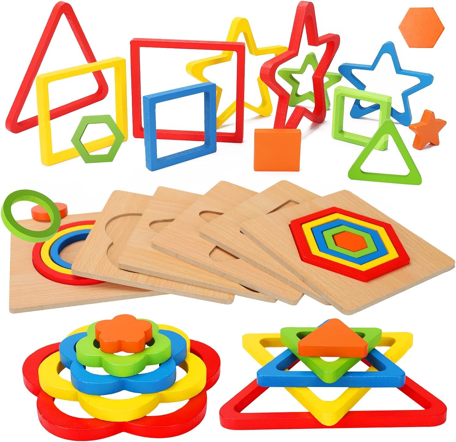 Toddler Puzzles Wooden Toys Montessori Shape Sorting Puzzle Sensory Toys Toddlers Activities Preschool Learning Early Educational Travel Autistic Montessori Toys 1 2 3 Year Old Age 1-3