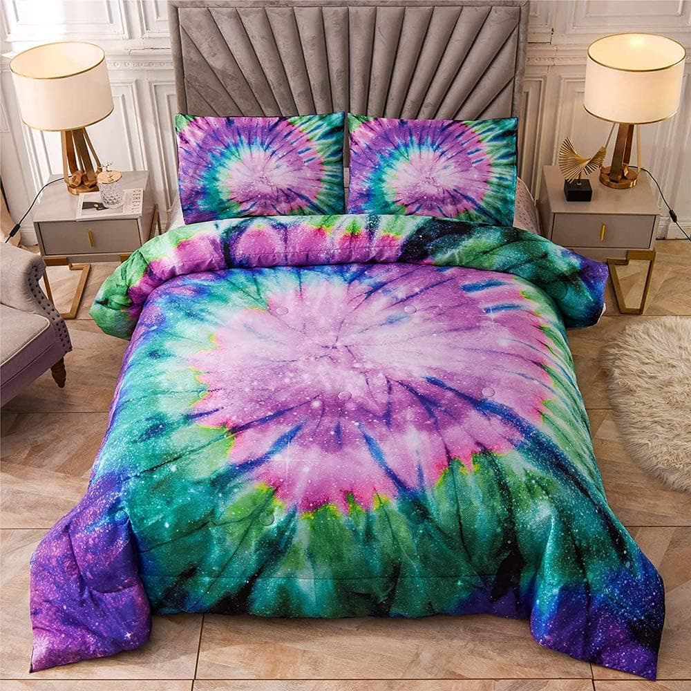 Sisher Tie Dye Galaxy Comforter Set, Colorful Psychedelic Swirl Pattern Pink Quilt, 2Pcs (1 Purple Comforter, 1 Pillowcase) Boho Bedding Set Twin for Girls Teens