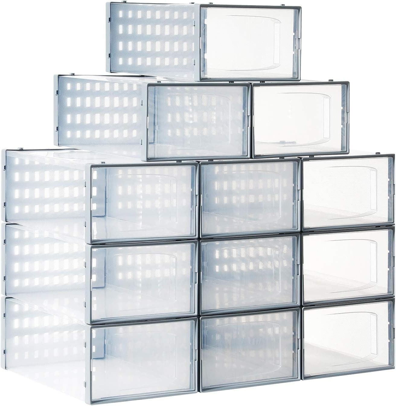 Shoe Boxes Clear Plastic Stackable 12 Pack Shoe Storage Boxes for Closetd and Entryway,Drop Front Shoe Box Container Display Case for Sneaker-Medium (Clear-grey)