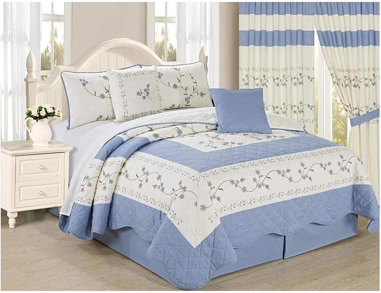 All American Collection New 6pc Embroided Floral Bedspread/Quilt Set (Queen Size, Light Blue)