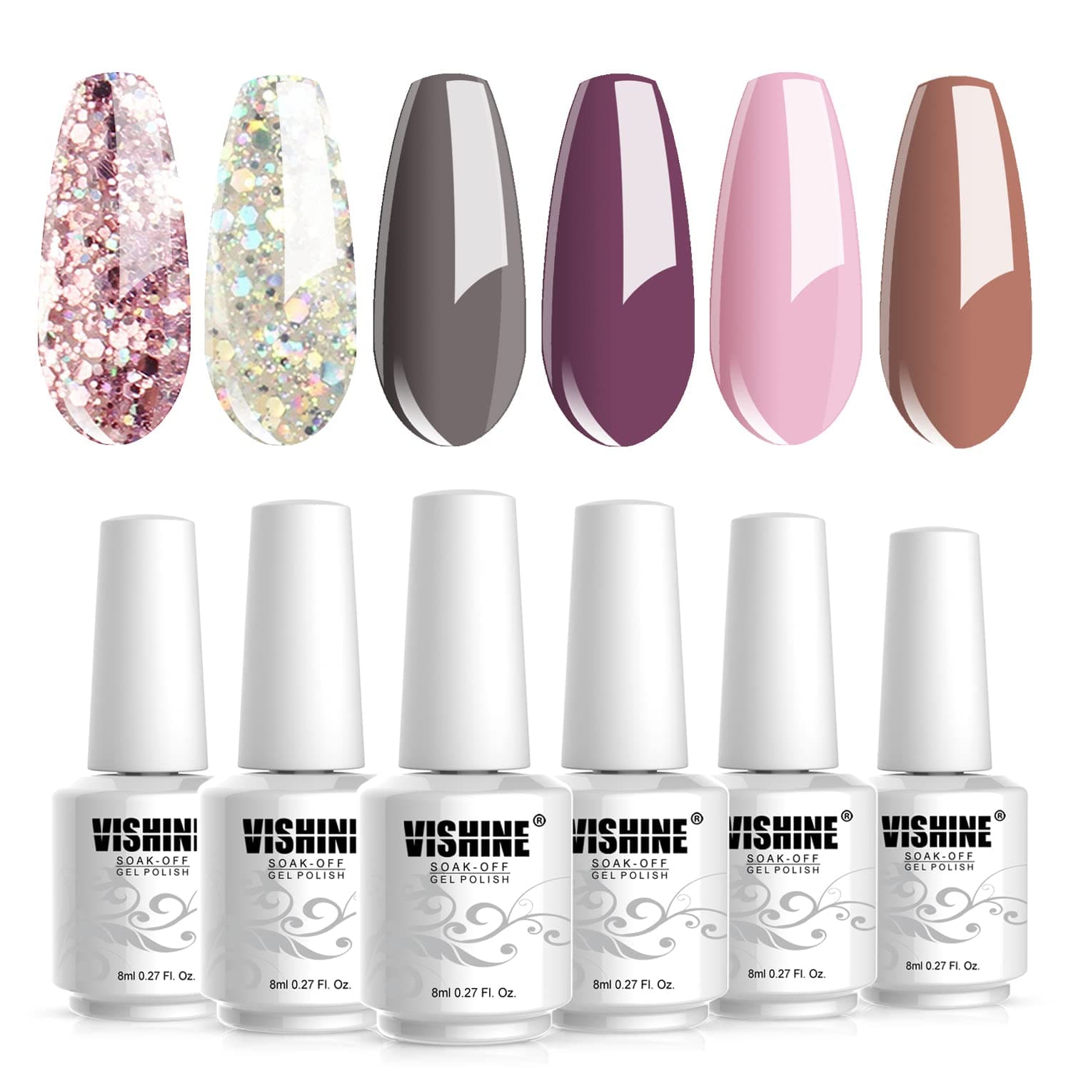 Vishine Gel Nail Polish Sets 6 Colors Glitter UV LED Soak Off Gel Polish Set Manicure Varnish Gift Set C001