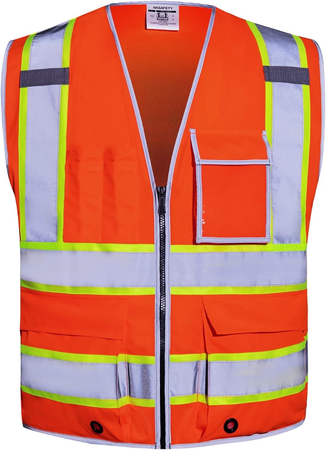 SKSAFETY 10 Pockets Safety Vest, Class 2 High Visibility Security with Zipper, Hi Vis Vest with Reflective Strips, ANSI/ISEA Standard, Construction Work Vest for Men & Women (Orange, 4XL)