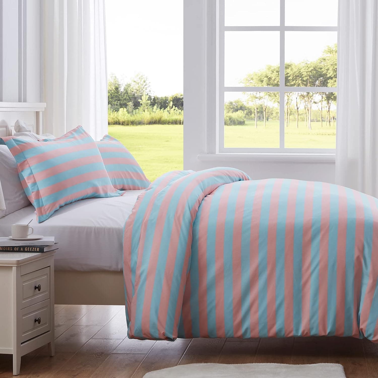 SunStyle Home Duvet Cover King Queen Twin Line Duvet Cover Microfiber Bedding Pink and Blue Stripes Duvet Cover 3-Pieces Set, 1 Duvet Cover and 2 Pillow Shams (King)