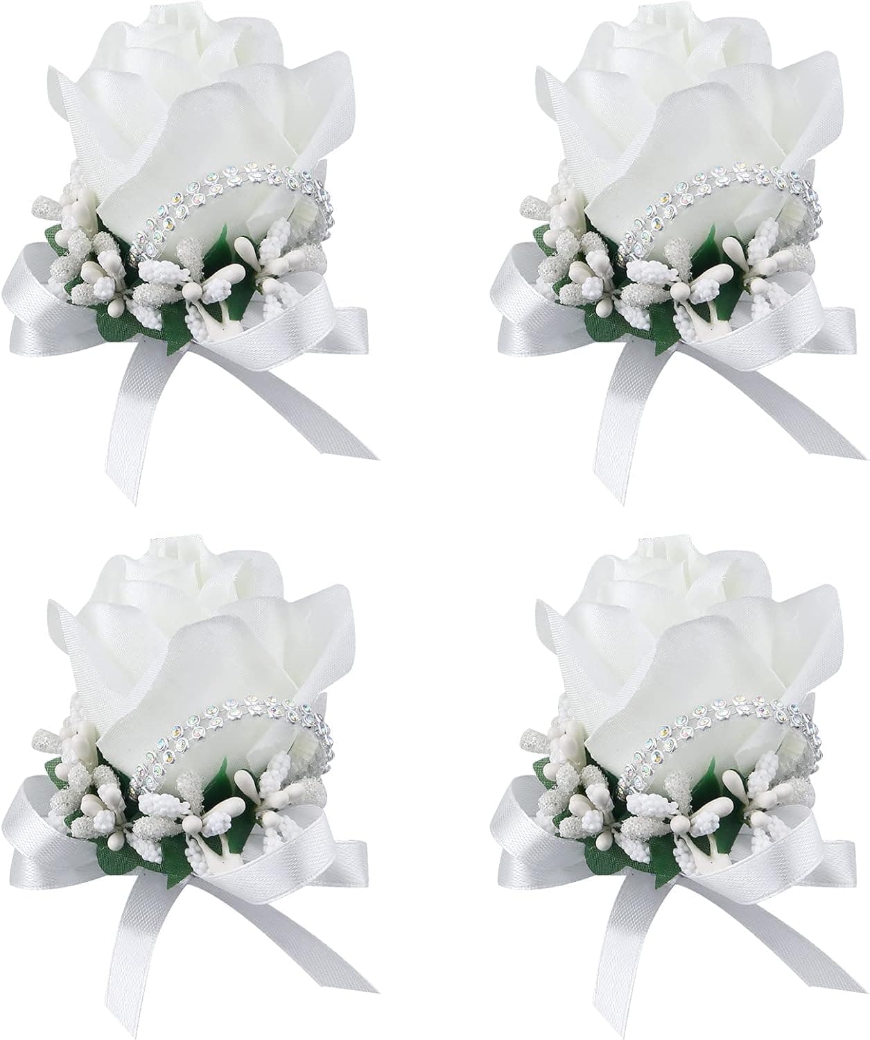Febou Wrist Corsage 4 Packs Wedding Bridal Wrist Flower Rose Wristband Corsage Flower for Bride Bridesmaid Perfect for Wedding, Prom, Party (4 Packs, Wrist Flower-White)