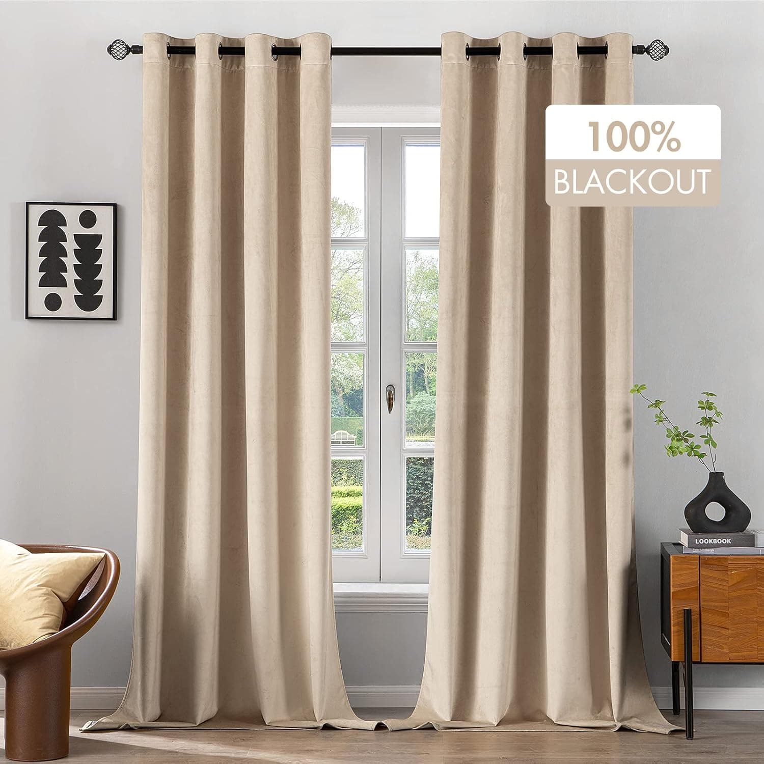 MIULEE 100% Blackout Velvet Curtains 96 Inches Long Beige Curtain Drapes for Luxury Bedroom Living Room Darkening Thermal Insulated Grommet Curtains for Light Blocking Set of 2