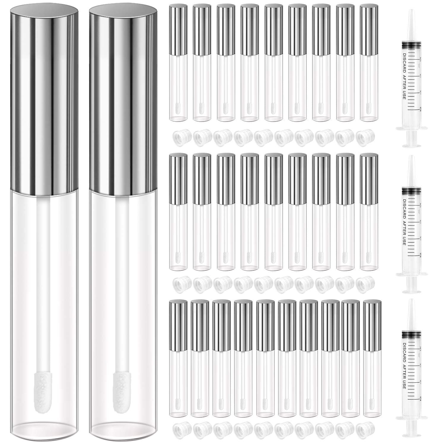 30 Pcs Clear lip Gloss Tube Containers Bulk Wand 10ml Empty Pink Lip Oil Tubes Refillable Lip Balm Bottles with Rubber Insert for DIY Makeup Such as Lip Samples, Homemade Lip Balm(Silver)