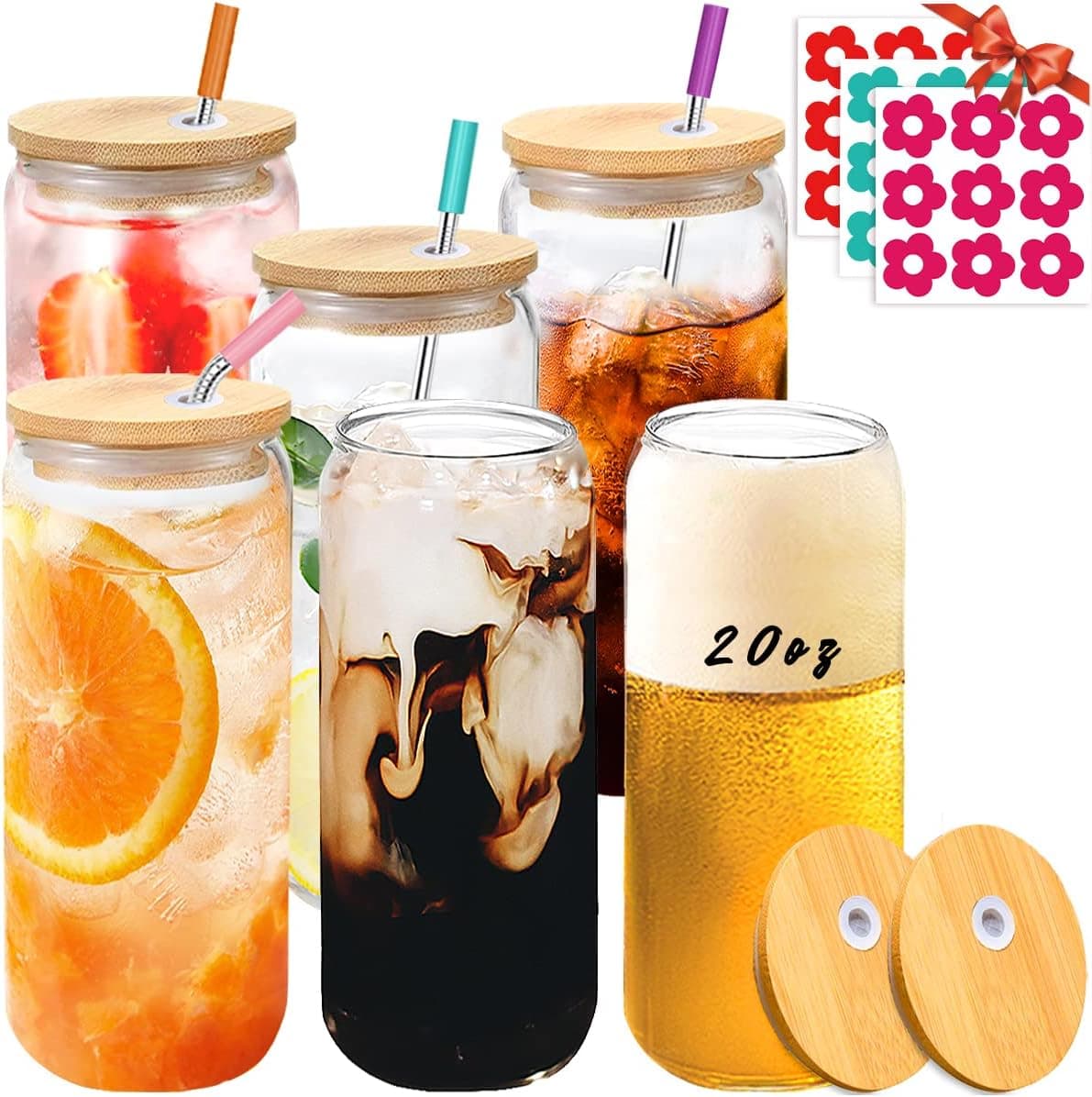 Hilivy Drinking Glasses with Bamboo Lids and Straw 6pcs Set - 20oz Can Shaped Glass cups (6Pcs-20oz)