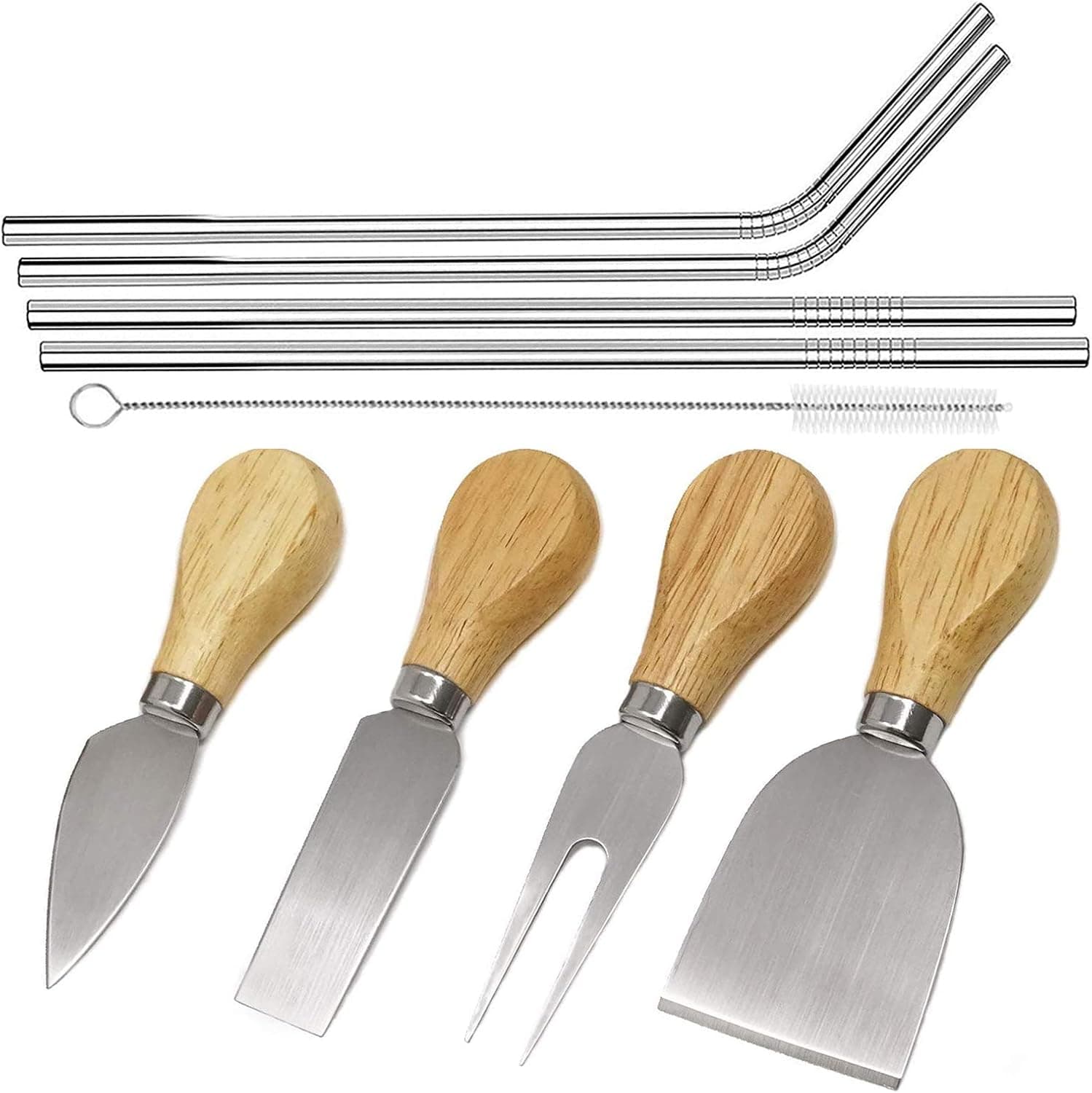 Cheese Knives Set, Wood Handle Stainless Steel Cheese Knife - Cheese Slicer - Cheese Cutter - Cheese Knives (Cheese Knives*4,Straw*4)
