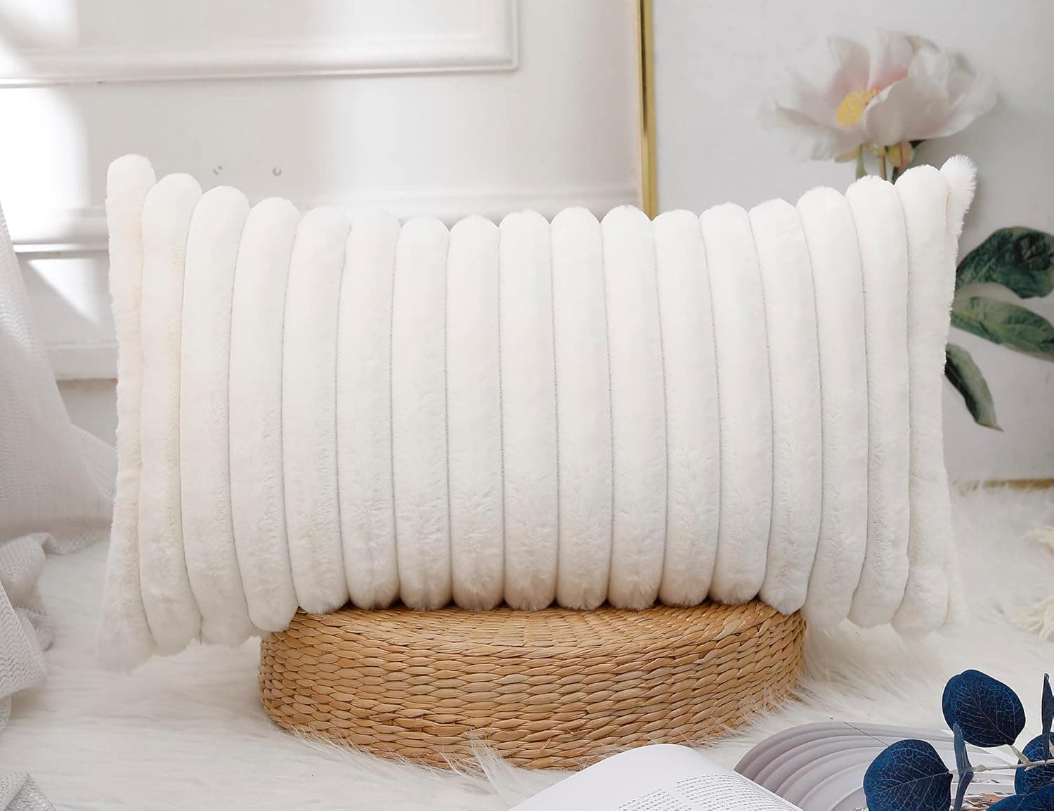 PANOD Faux Fur Decorative Lumbar Throw Pillow Covers 14 x 26,Long Boho Lumbar Pillow Covers Pillow Case Cushion Case for Bed Sofa Farmhouse Livingroom,White