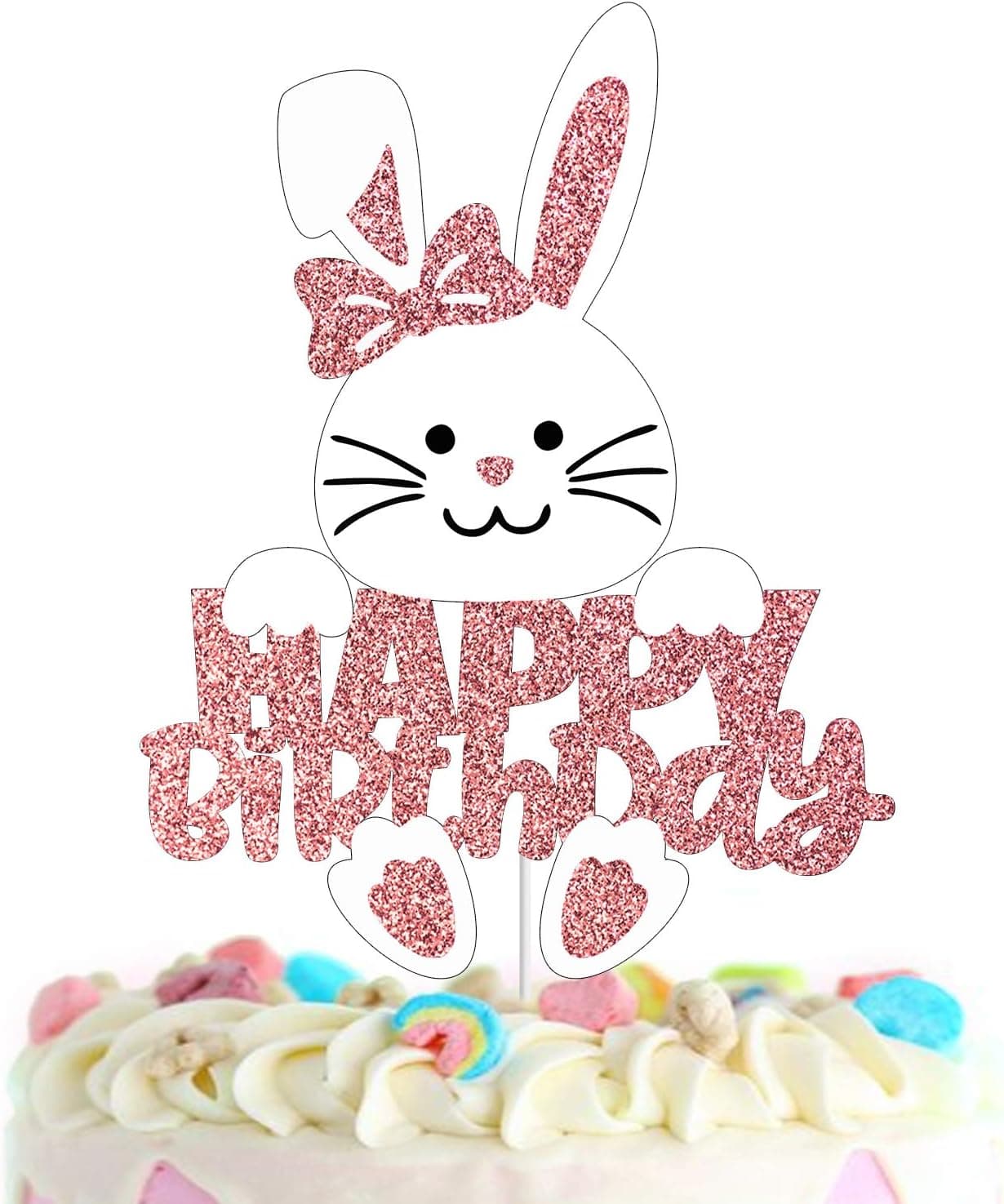 Rabbit Cake Topper - Easter Rabbit Theme Happy Birthday First Birthday Bunny pink Glitter boy girl baby Party Decoration