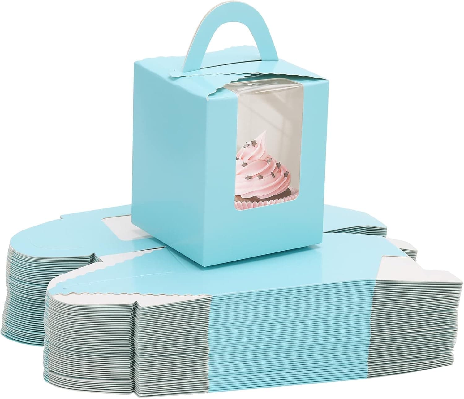 acDesign 100Pcs Cupcake Boxes Single Cupcake Carrier With Window Handle and Inserts for Wedding Birthday Party Gift (Blue)