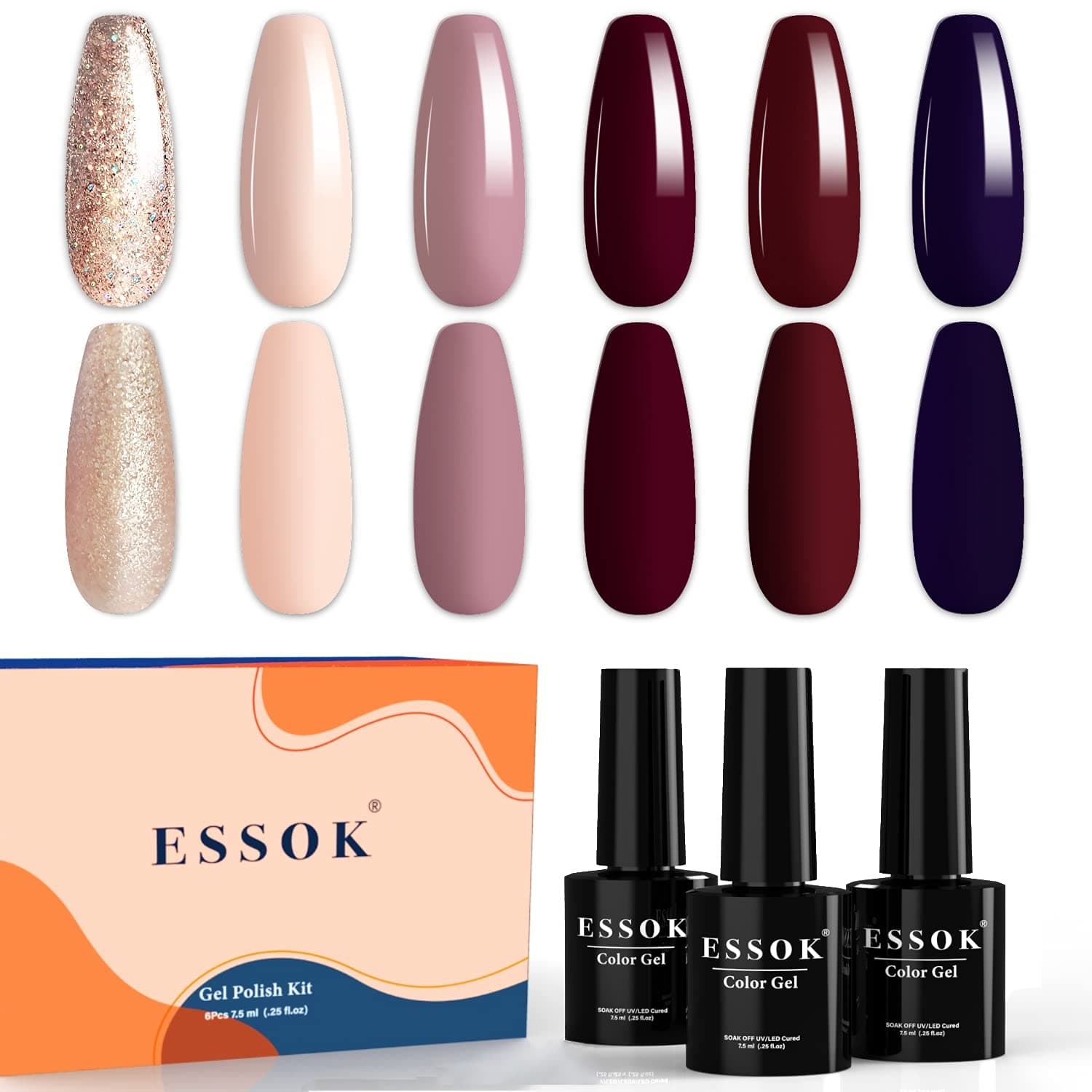 ESSOK Gel Nail Polish Set - 6 Colors Fall in Love Gel Polish Set Mauve Pink Glitter Nail Polish Dark Red Maroon Burgundy Navy blue Nail Polish Gel Soak Off UV LED Gel Polish Home DIY Manicure Gift…