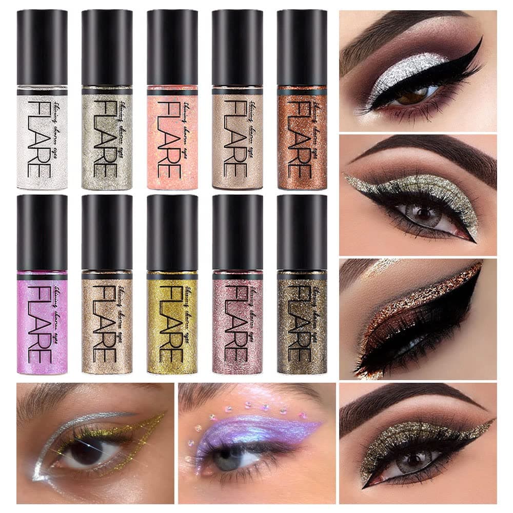 10 Colors Liquid Glitter Eyeshadow Eyeliner Makeup Stick Kit, Gold Metallic Shimmer Multicolor Glitter Eyeliner Sparkly Waterproof Long Lasting Liquid Eye Shadow Stick Sets Maquillaje Eye Makeup