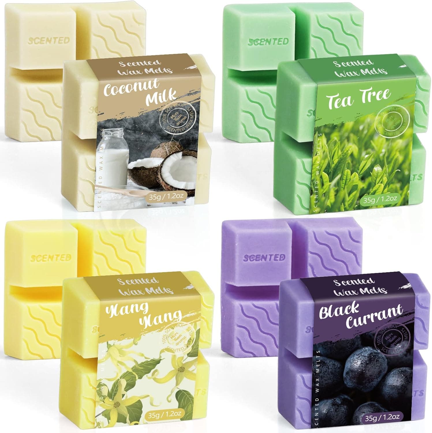 BAUFULLA Scented Wax Melts, Soy Wax Cubes for Candle Warmer Burner, Long Lasting Wax Tarts, Fragrance Gift Set for Mother's Day, Birthday, 4 Scent of Tea Tree, Ylang Ylang, Blackcurrant, Coconut