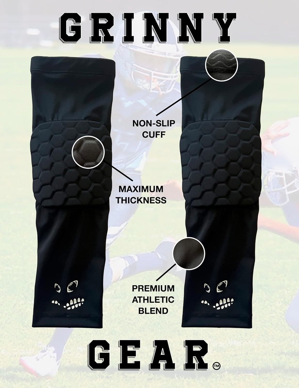 GRINNY GEAR ™ Youth Football Elbow Pads. No-Slip Protective Arm Sleeve
