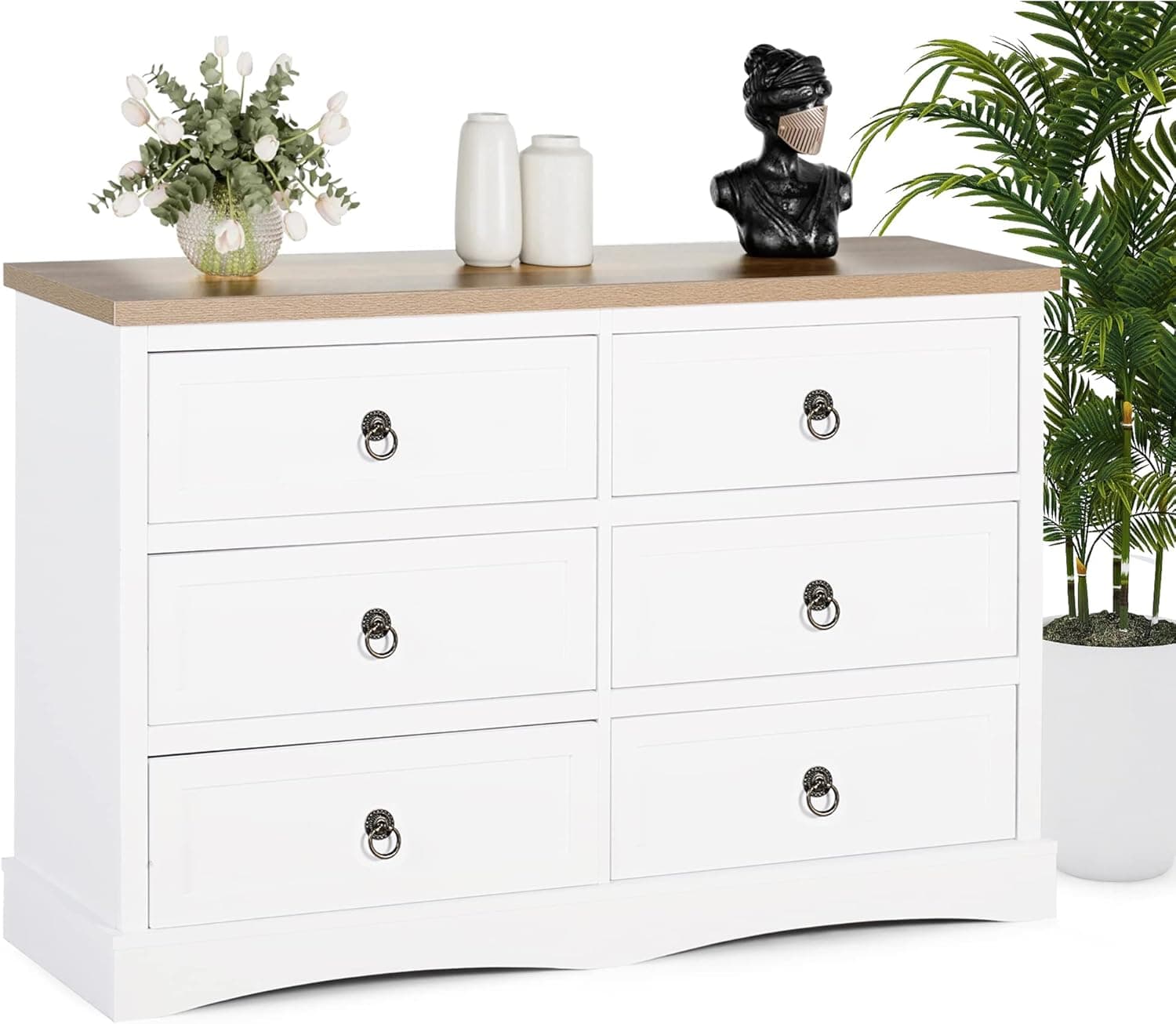 VAMEPOLE Dresser for Bedroom, White 6 Drawer Dresser, Wood Storage Chest of Drawers Closet Organizer and Storage with Wide Drawers and Metal Ring Handle for Bedroom,Living Room,Hallway,Entryway