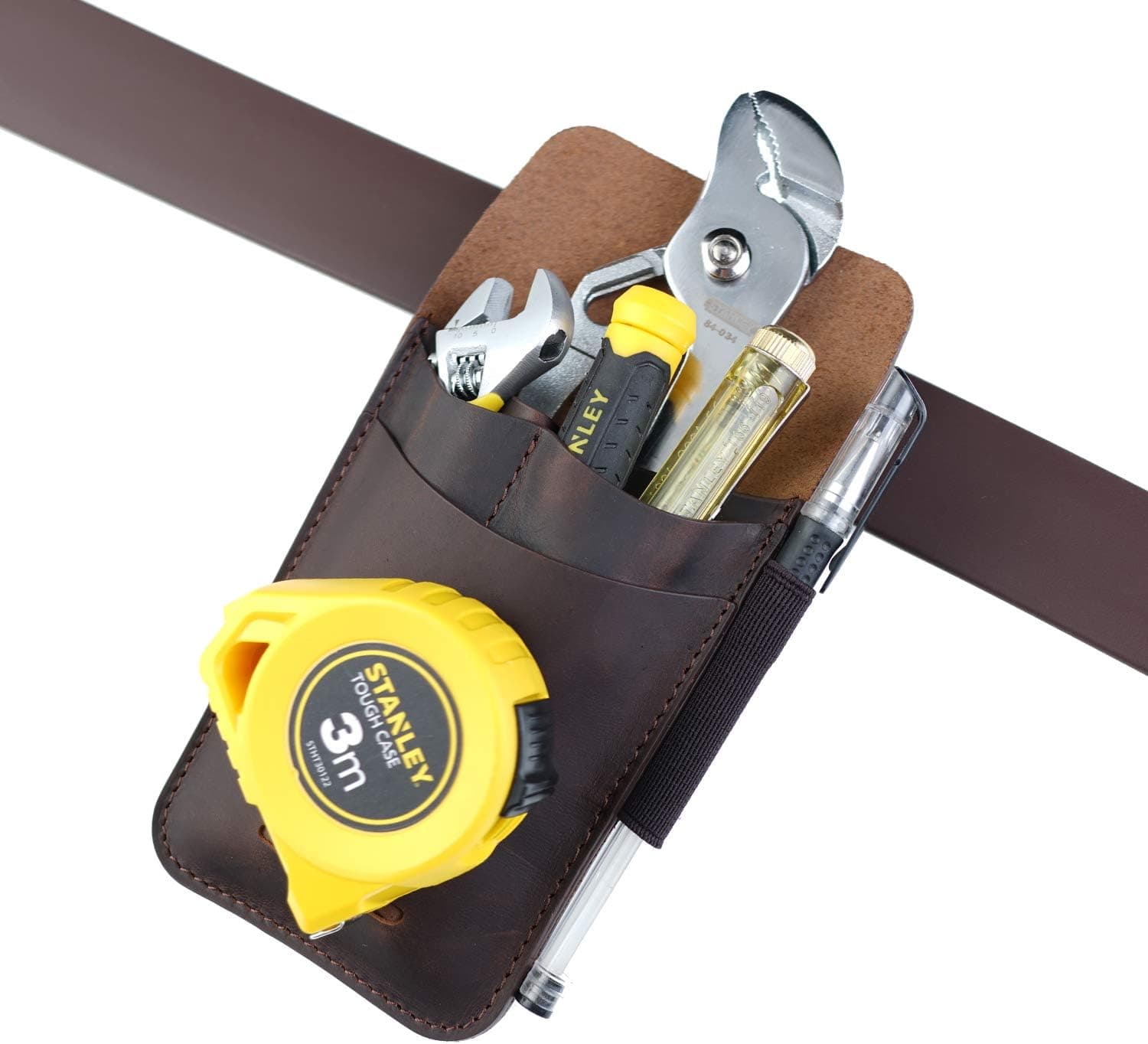 VIPERADE PJ14 Leather Tool Pouch, Tape Measure Holder, Pliers Pouch, Screwdriver Holster, 4 Pockets Organizer Sheath with 1 Tactical Pen Loop