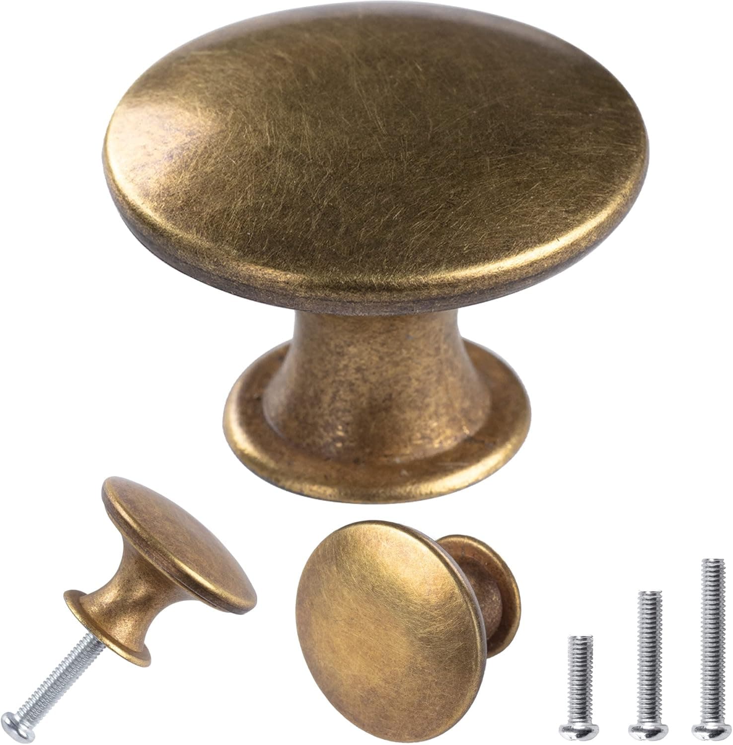 15 Pack Delicate Design Round Antique Brass Kitchen Cabinet Knobs Cupboard Door Knobs 1.18-INCH Yellow Bronze Drawer Handle Pulls Dresser Knobs with 15 Pcs Screws for Bathroom Drawer Door Hardware
