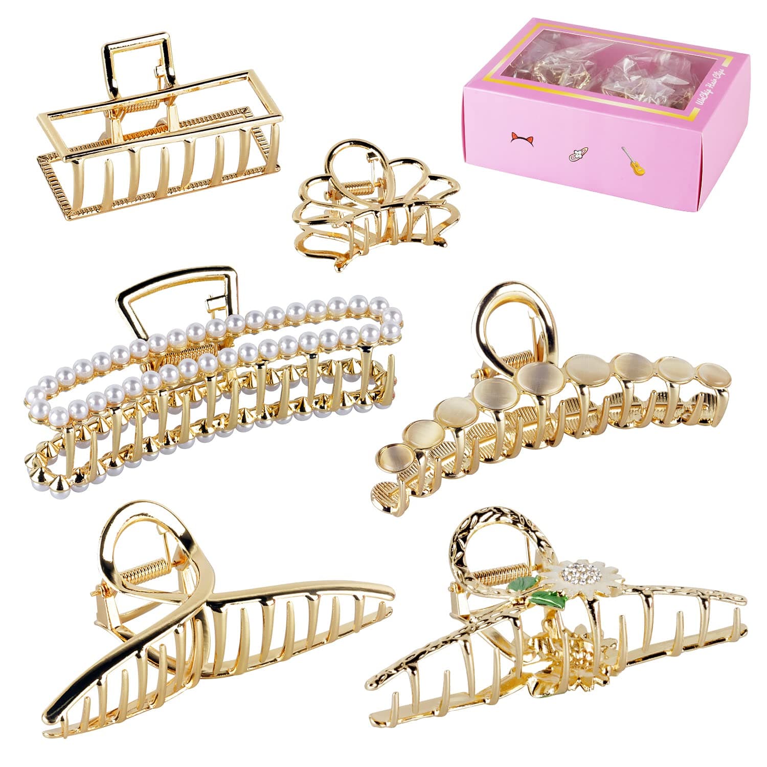 6Pack Large Gold Hair Claw Clips for Women Thick Hair, Non-Slip Hair Catch Barrette Jaw Clamp, French Design Metal Cross Banana Hair Clips for Women and Girls