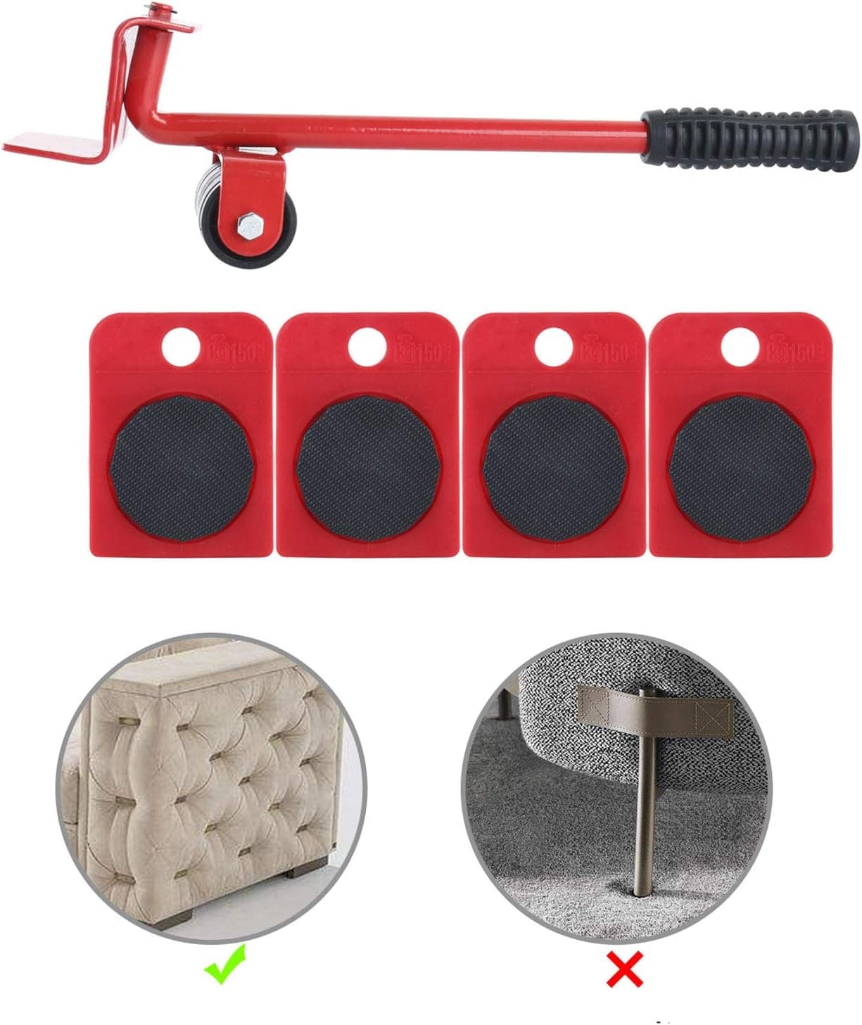Homend Furniture Lifter and 4 Packs 3.9"x3.15" Furniture Slides Kit, Heavy Furniture Roller Move Tools Max Up for 150KGS/330 LBS, 360 Degree Rotatable Pads, Easily Redesign and Rearrange Living Space