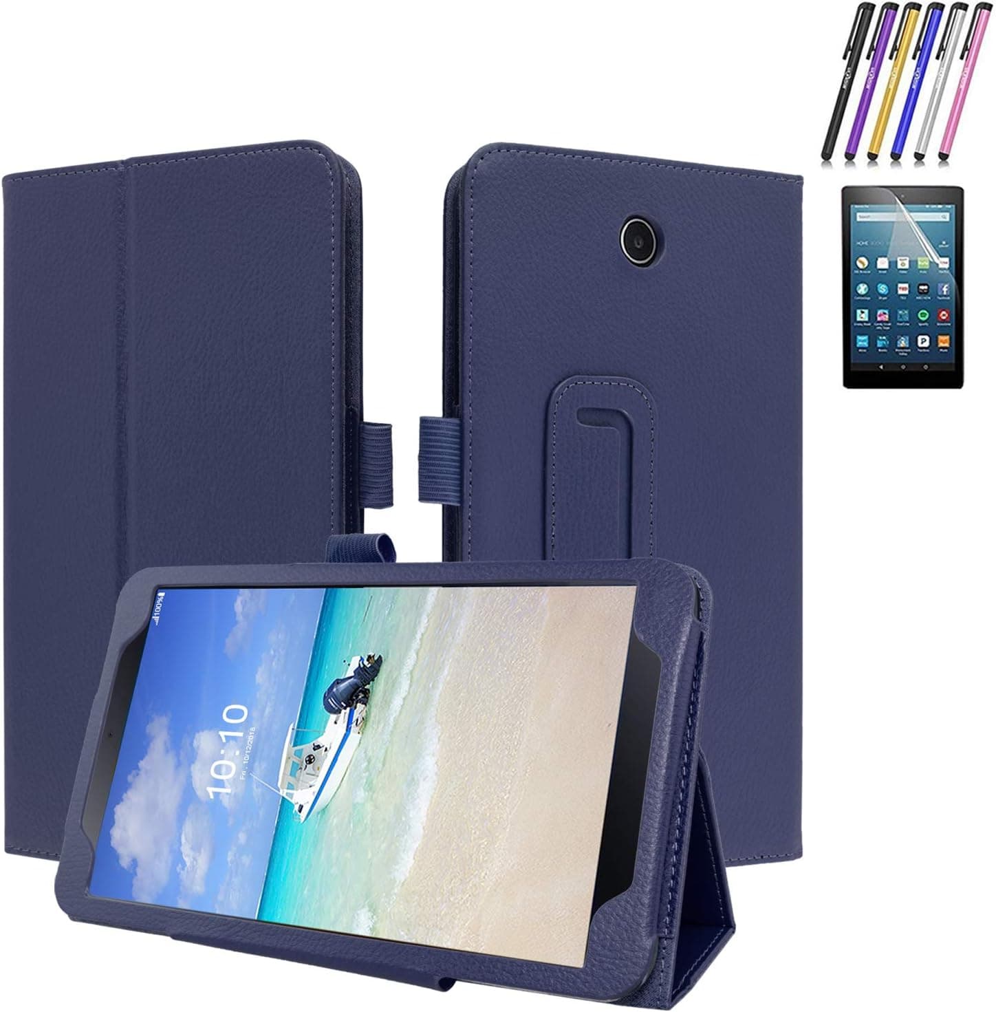 Windrew Alcatel 3T/A30 Tablet 8" case,[Kickstand ] PU Leather Cover Case for T-Mobile 8-inch Alcatel 3T 2018/A30 2017 Tablet+Screen Protector Film and Stylus Pen(Blue)