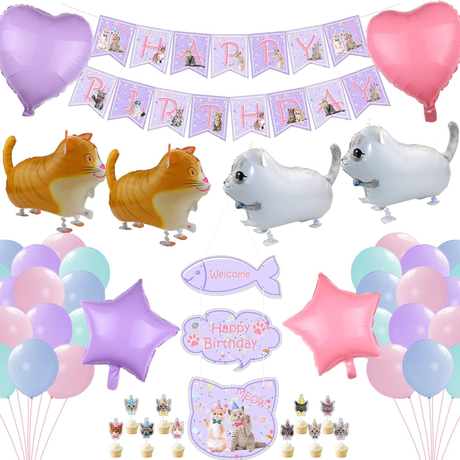 Cat Party Birthday Decoration, Happy Birthday Banner, 20 Macaron Balloon, 10 Cake Topper, 4 Walking Cat Balloons, 4 Foil Balloon for Cat Birthday Party Supplies, Cat Lover, Kids Cat Theme Party(A)